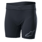 Alpinestars Stella Drop Inner Shorts för dam, svarta underställsshorts för cykling, kroppsnära kompressionsshorts med omlottmidja, grå Alpinestars-logotyp på benet, fukttransporterande stretchmaterial för MTB och enduro