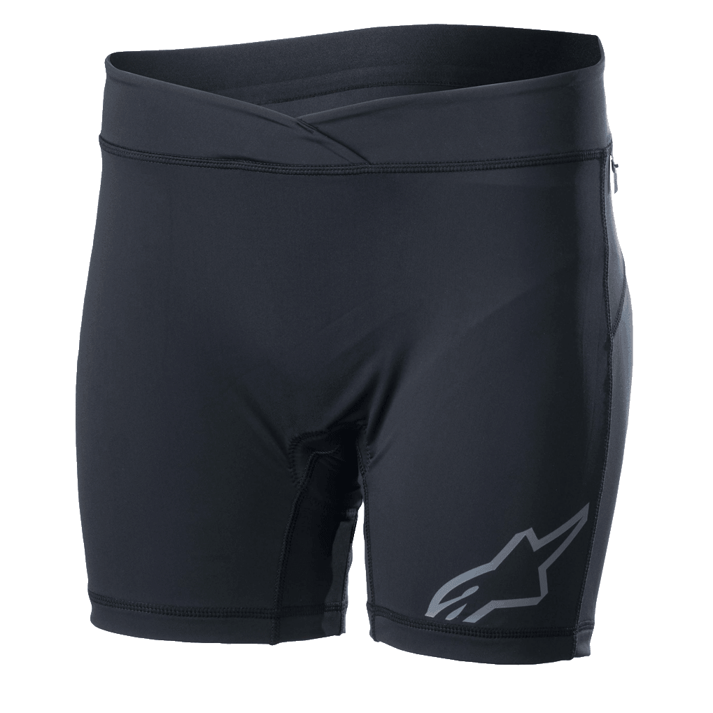 Alpinestars Stella Drop Inner Shorts för dam, svarta underställsshorts för cykling, kroppsnära kompressionsshorts med omlottmidja, grå Alpinestars-logotyp på benet, fukttransporterande stretchmaterial för MTB och enduro