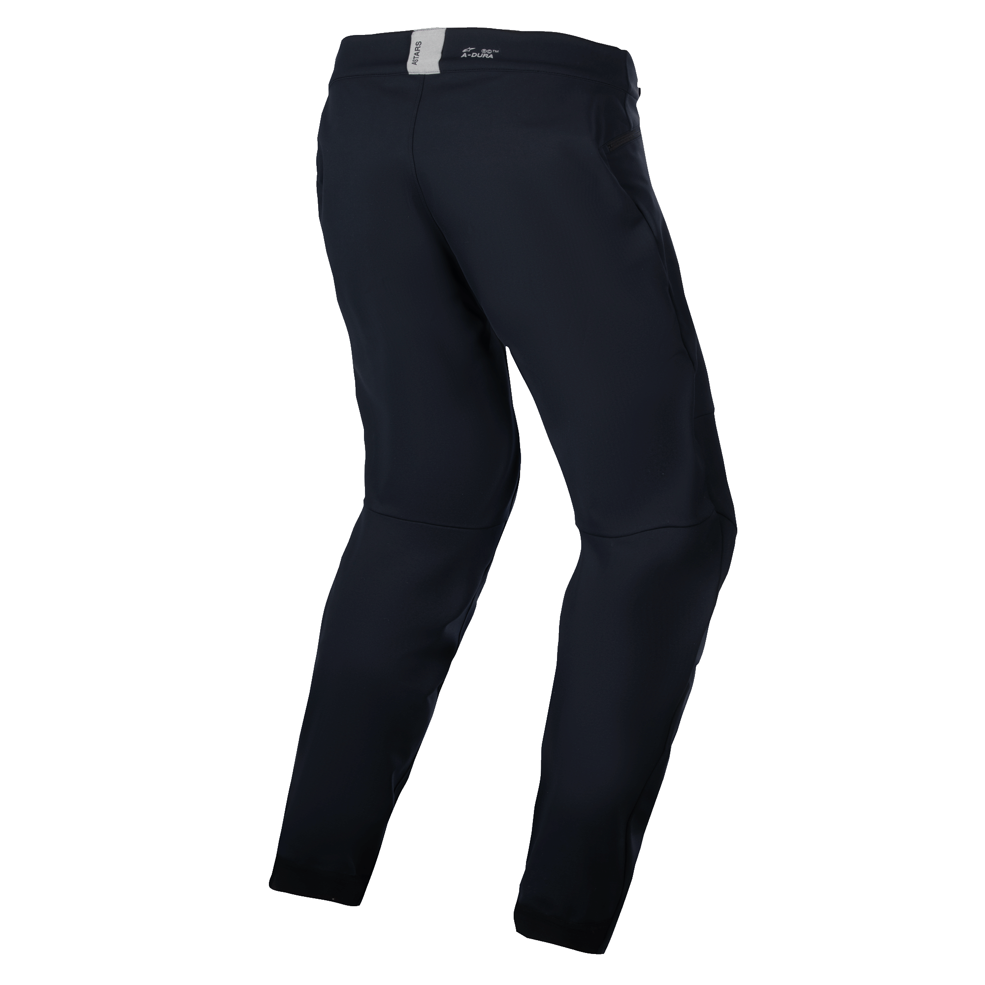 Alpinestars A-Dura Thermal Byxor, mountainbikebyxor, svarta, vy bakifrån med en förböjd anatomisk design, liten ASTARS-logotyp på den bakre linningen, minimalistisk stil för trail- och endurocykling