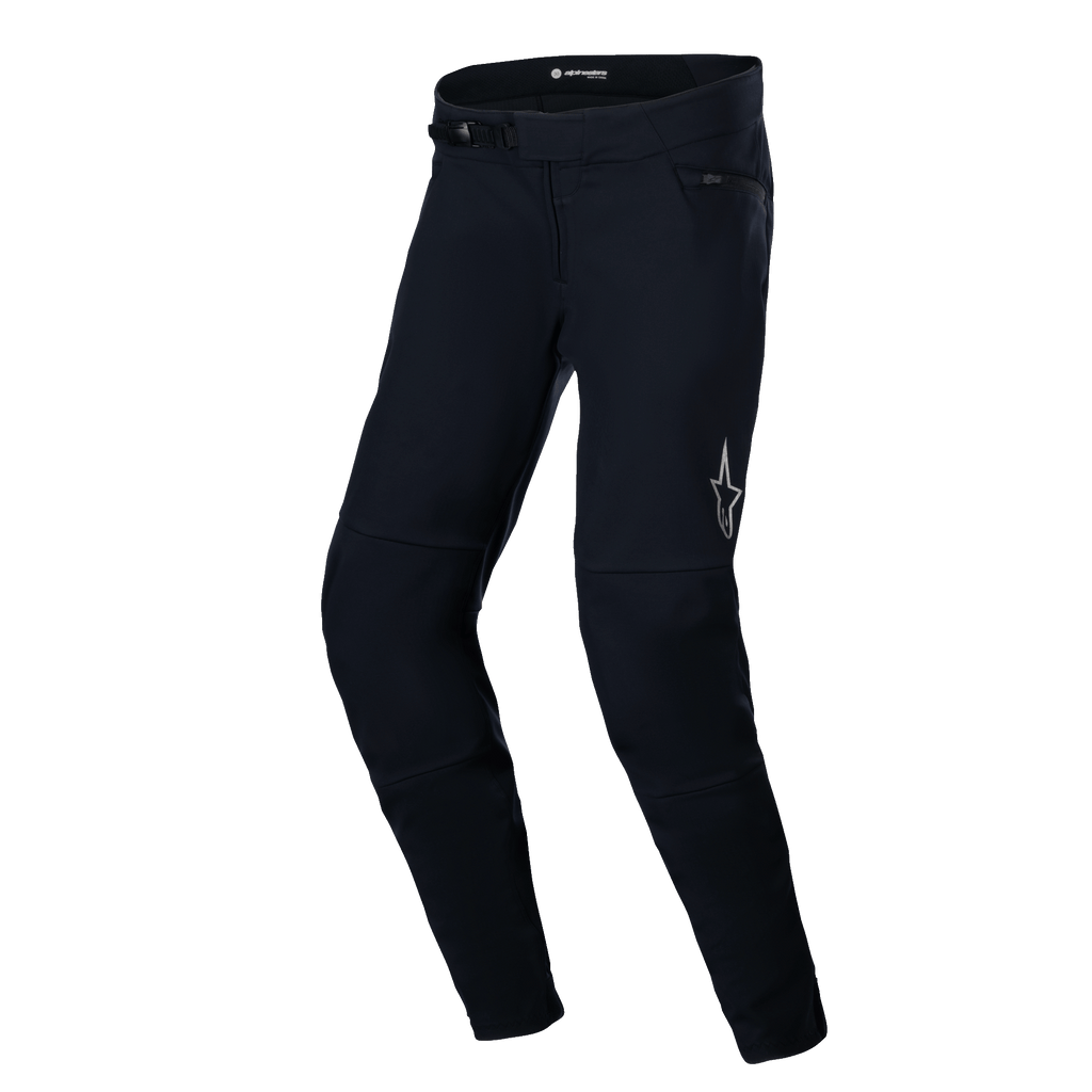 Alpinestars A-Dura Thermal Pant, MTB-byxor, svarta, med ett robust nylonskal och spärrspänne, reflekterande stjärnlogotyp på vänster lår och en anatomiskt förkrökt form för komfort vid terrängkörning.
