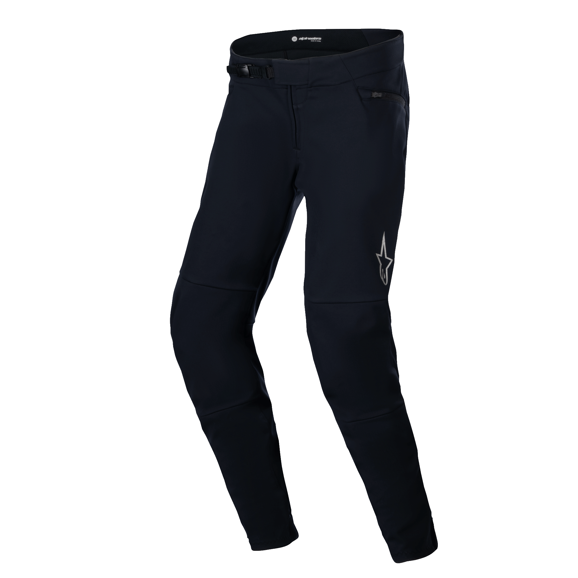 Alpinestars A-Dura Thermal Pant, MTB-byxor, svarta, med ett robust nylonskal och spärrspänne, reflekterande stjärnlogotyp på vänster lår och en anatomiskt förkrökt form för komfort vid terrängkörning.