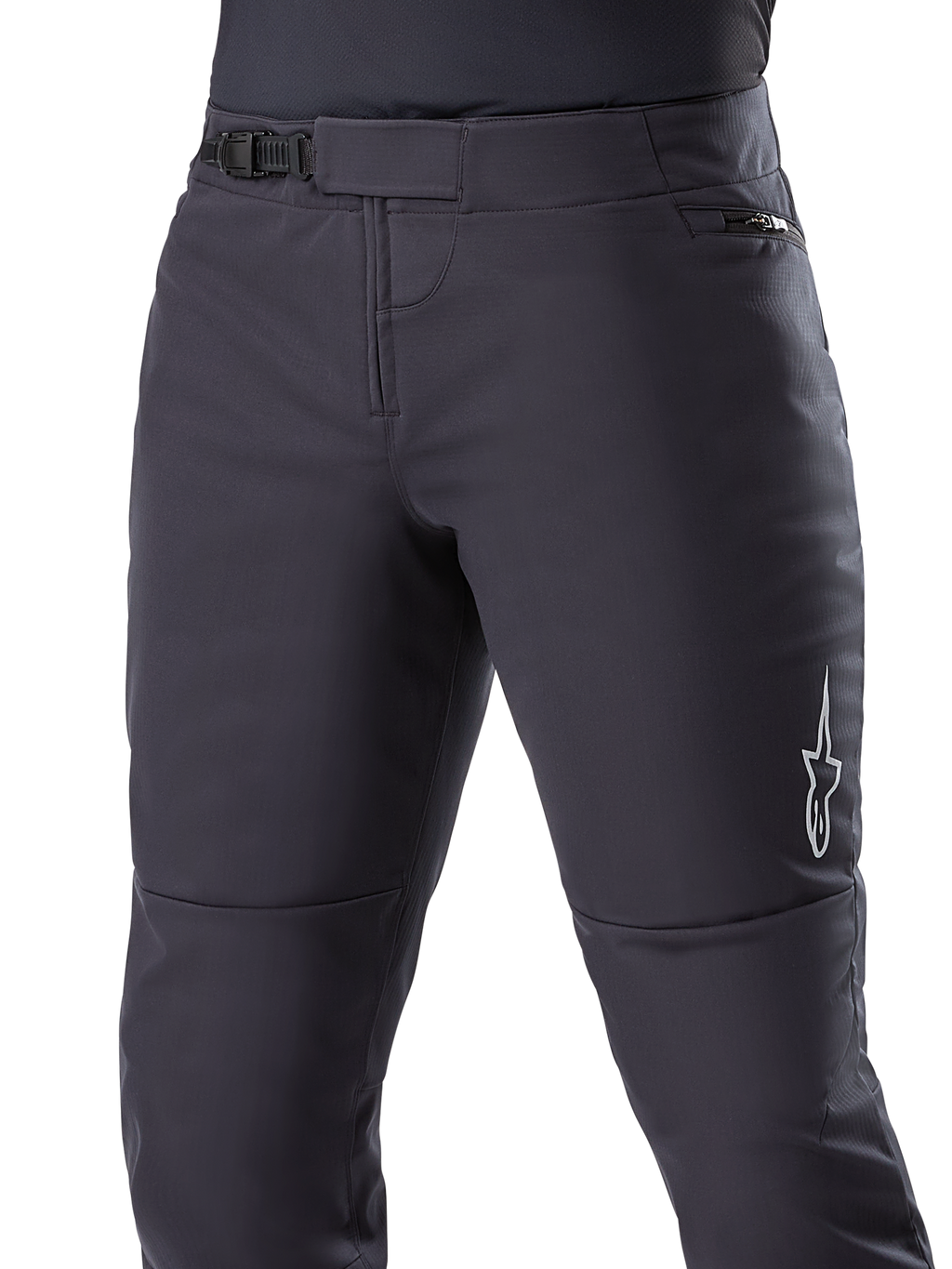 Alpinestars A-Dura Thermal byxor, svarta MTB-byxor, med säkert spärrspänne i midjan och höftficka med dragkedja, vit stjärnlogotyp på sidan, förkrökt form för körkomfort, hållbart termiskt material för cykling i kallt väder