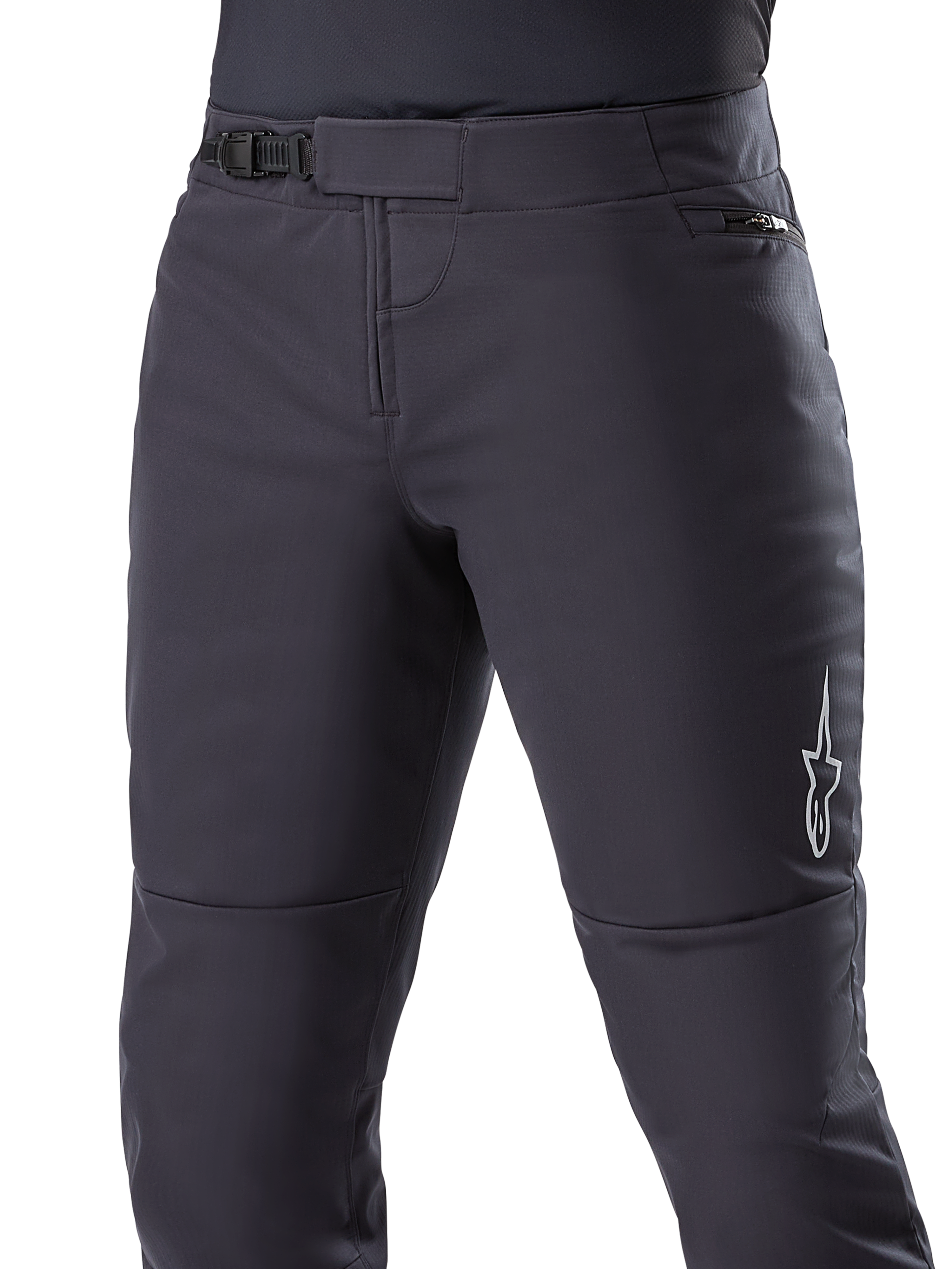 Alpinestars A-Dura Thermal byxor, svarta MTB-byxor, med säkert spärrspänne i midjan och höftficka med dragkedja, vit stjärnlogotyp på sidan, förkrökt form för körkomfort, hållbart termiskt material för cykling i kallt väder