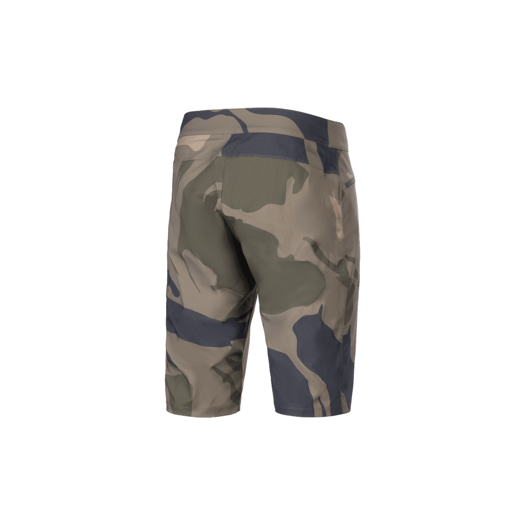Alpinestars A-Dura Camo Liner Shorts, herr-MTB-cykelbyxor, kamouflagefärger och brun, baksida som visar slitstarkt 2-vägsstretchtyg och dragkedjeförsedda fickor
