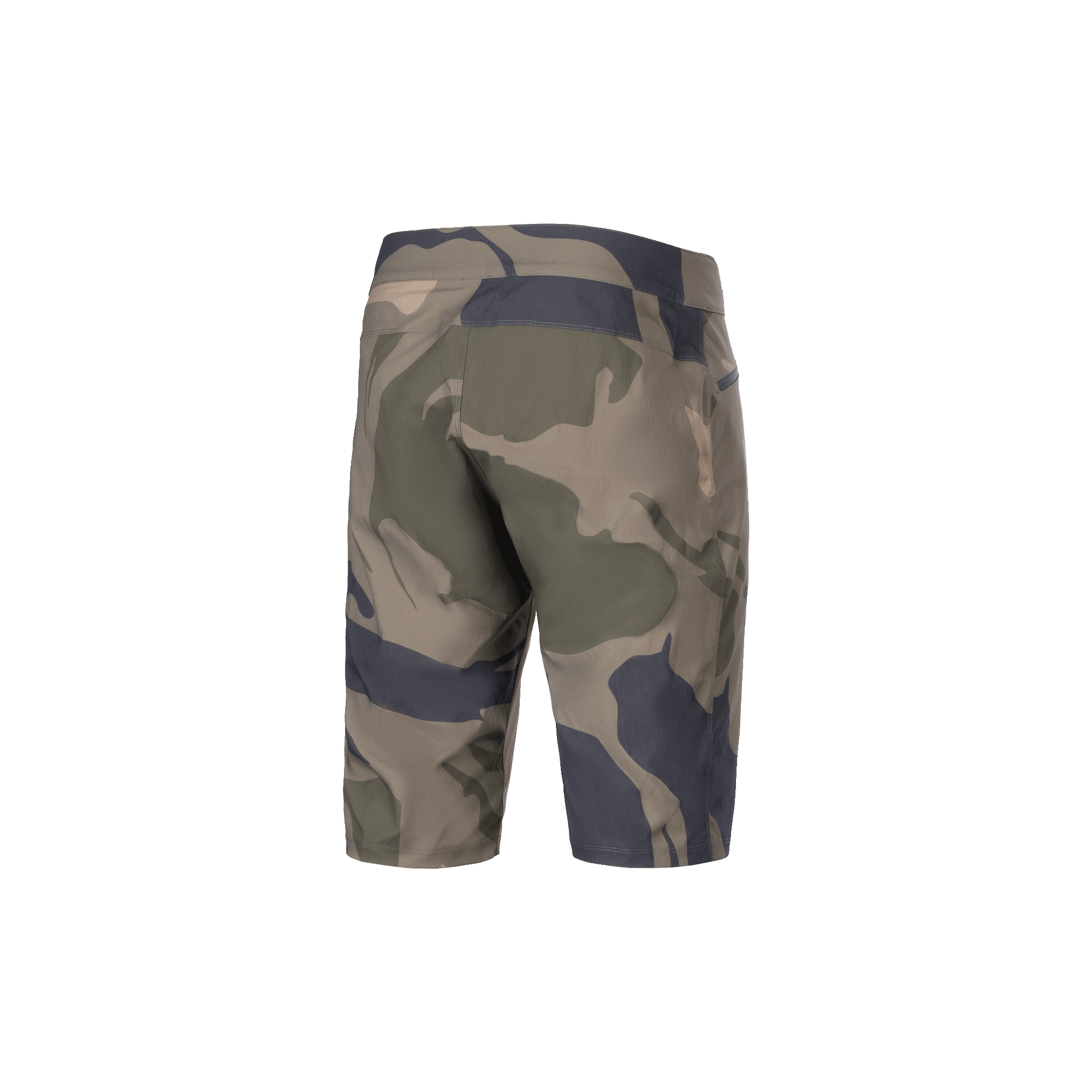 Alpinestars A-Dura Camo Liner Shorts, herr-MTB-cykelbyxor, kamouflagefärger och brun, baksida som visar slitstarkt 2-vägsstretchtyg och dragkedjeförsedda fickor