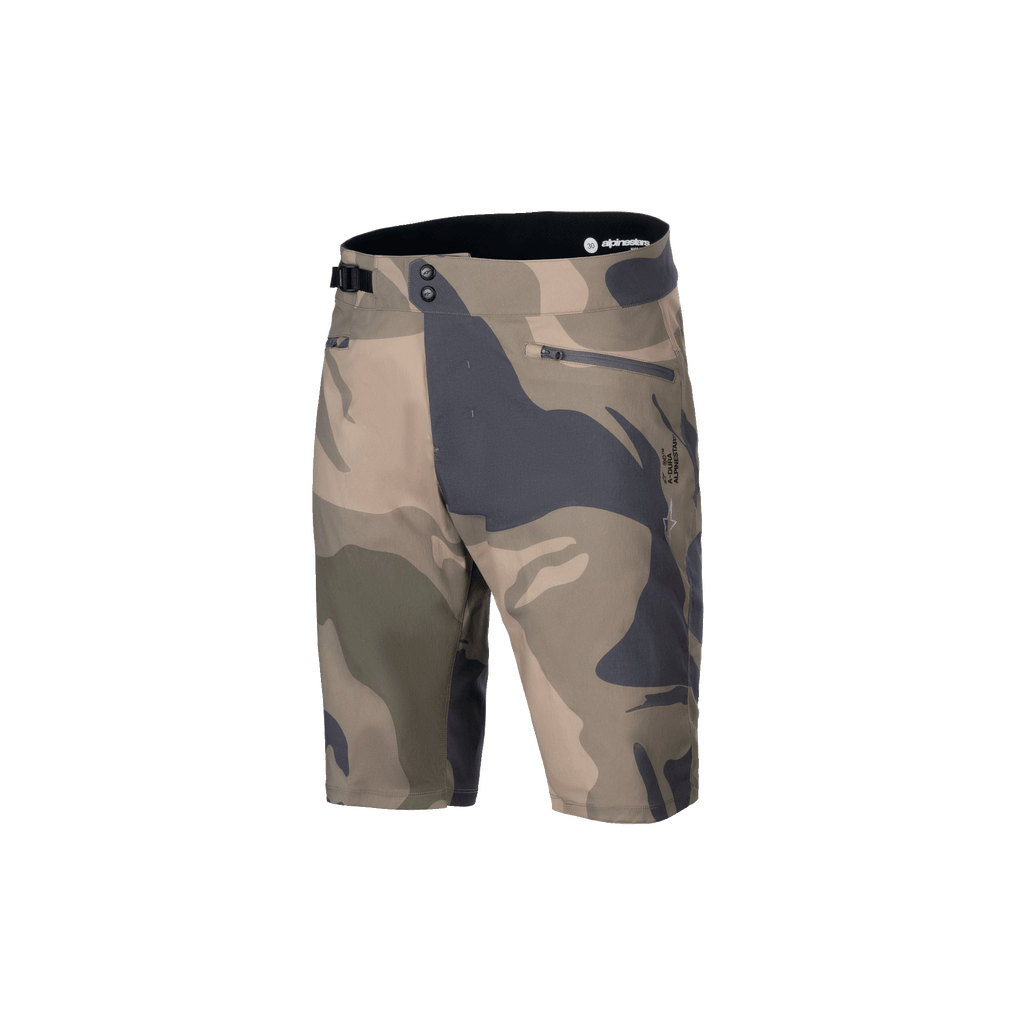 Alpinestars A-Dura Camo Liner Shorts, MTB-cykelshorts för herrar, kamouflage och brun, slitstarkt 2-vägsstretchtyg med dragkedjeförsedda fickor och justerbar midja