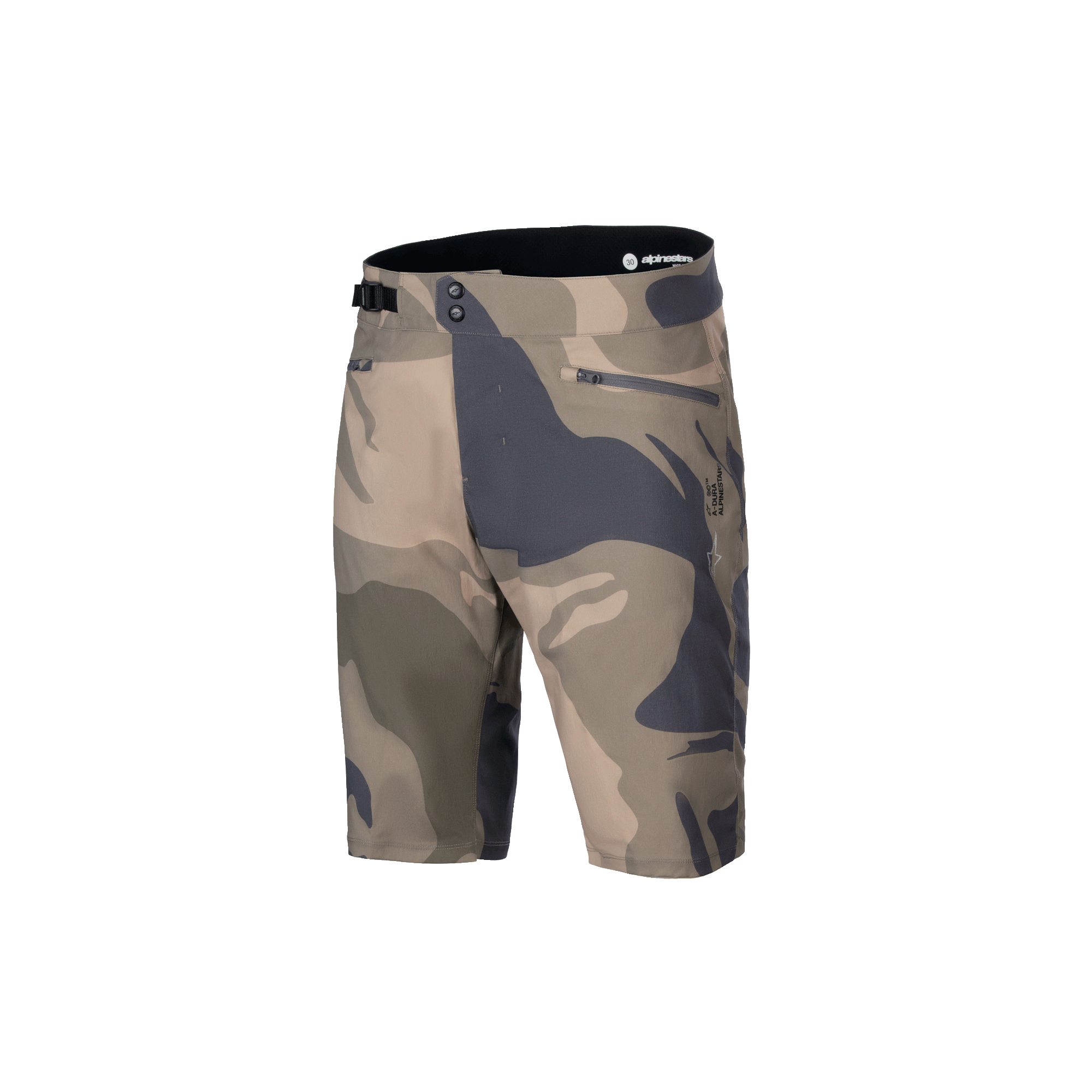 Alpinestars A-Dura Camo Liner Shorts, MTB-cykelshorts för herrar, kamouflage och brun, slitstarkt 2-vägsstretchtyg med dragkedjeförsedda fickor och justerbar midja