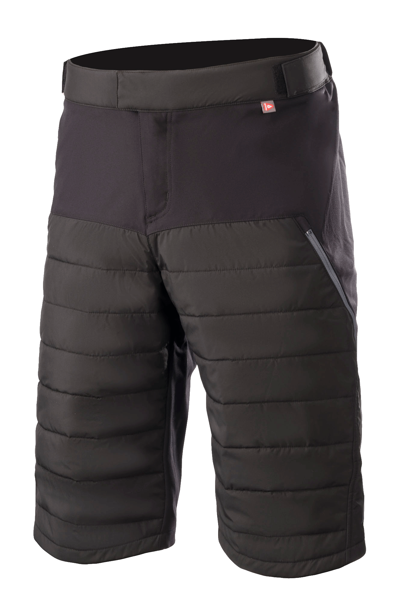 Alpinestars Denali 2 Shorts, Mountain Bike Shorts, Black Grisaille, featuring quilted Primaloft insulation panels, zippered side pocket, and adjustable waist, knee-length durable textile for MTB