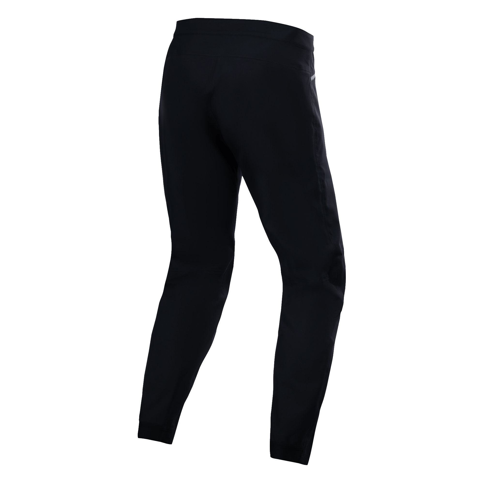 Alpinestars A-Dura Waterproof Pants, svarta, vy bakifrån som visar teknisk textilkonstruktion, mountainbikebyxor med 20k vattentäthetsklassning, hållbart stretchmaterial för terrängkörning i våta förhållanden