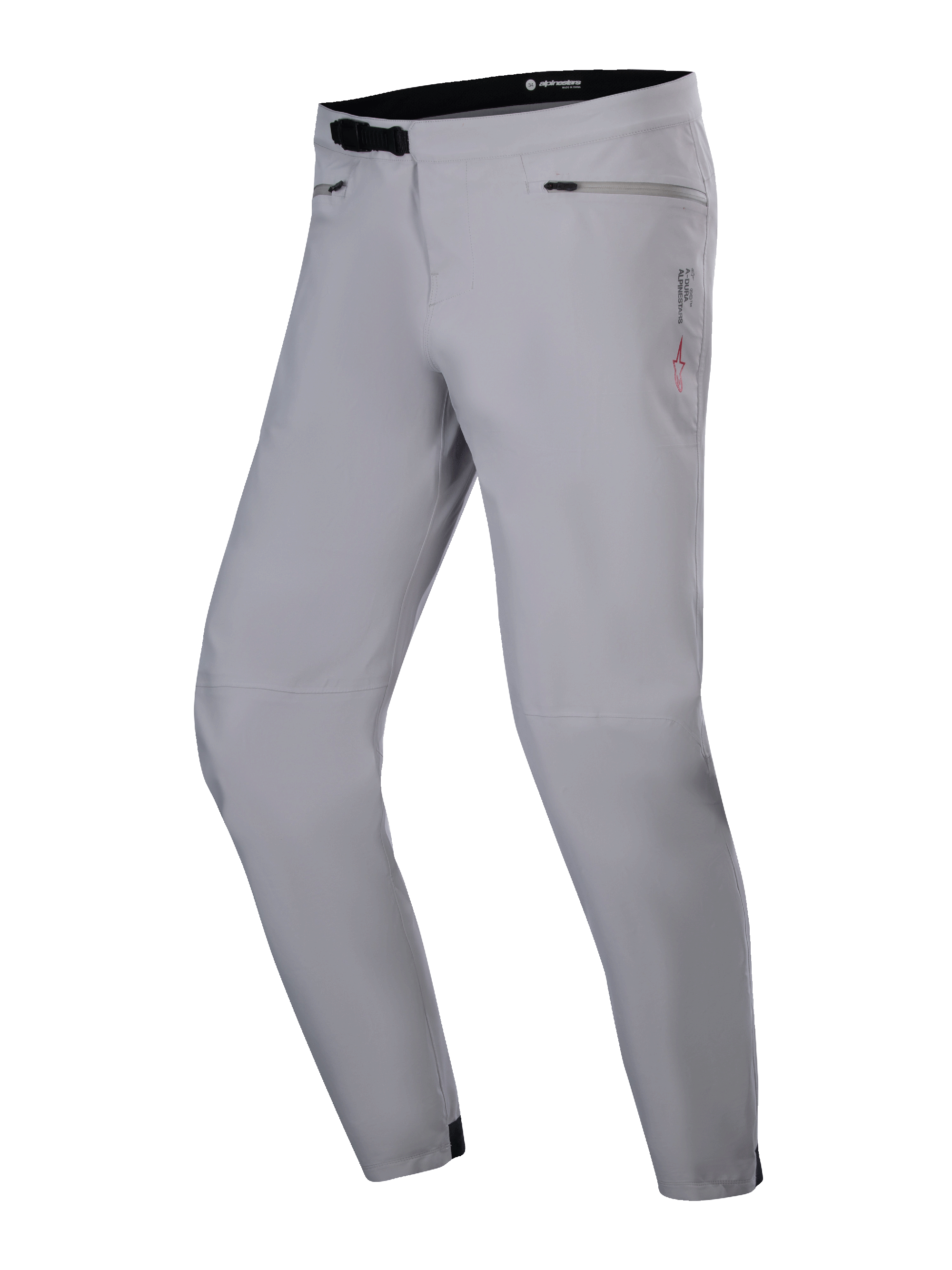 Alpinestars A-Dura Waterproof Pants, MTB-byxor, titangrå, med svart spärrspänne i midjan, höftfickor med dragkedja och avsmalnande ben, hållbar vattentät design för mountainbike.