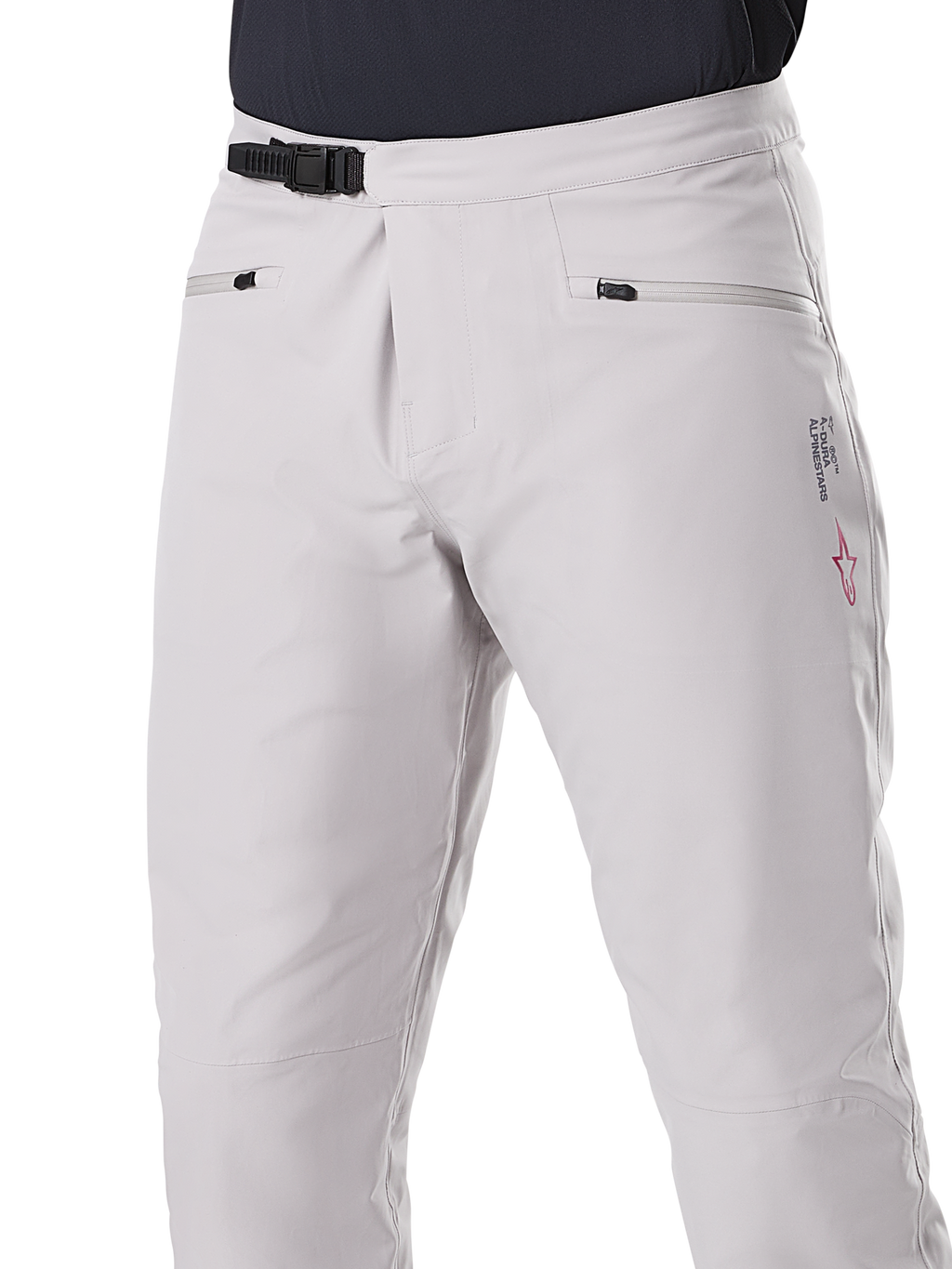 Alpinestars A-Dura Waterproof Pants, MTB-byxor, titaniumgrå, frontvy som visar svart spärrspänne i midjan och handfickor med dragkedja, hållbar vattentät konstruktion för mountainbikecykling
