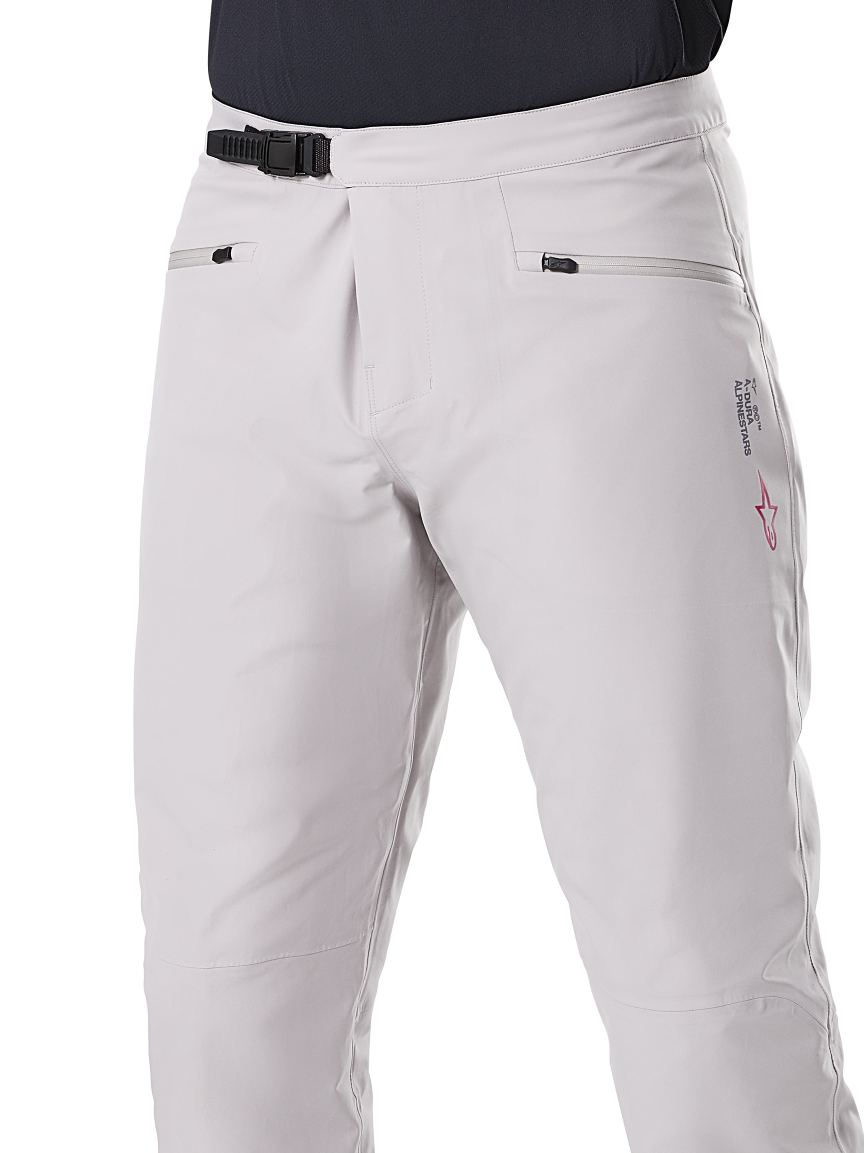 Alpinestars A-Dura Waterproof Pants, MTB-byxor, titaniumgrå, frontvy som visar svart spärrspänne i midjan och handfickor med dragkedja, hållbar vattentät konstruktion för mountainbikecykling