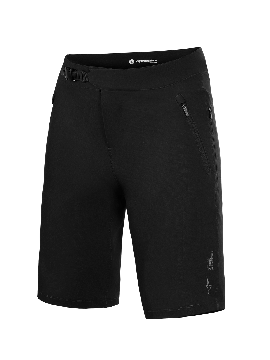 Black Alpinestars A-Dura Ride MTB Shorts, featuring a ratchet waist closure and zippered pockets for trail performance.