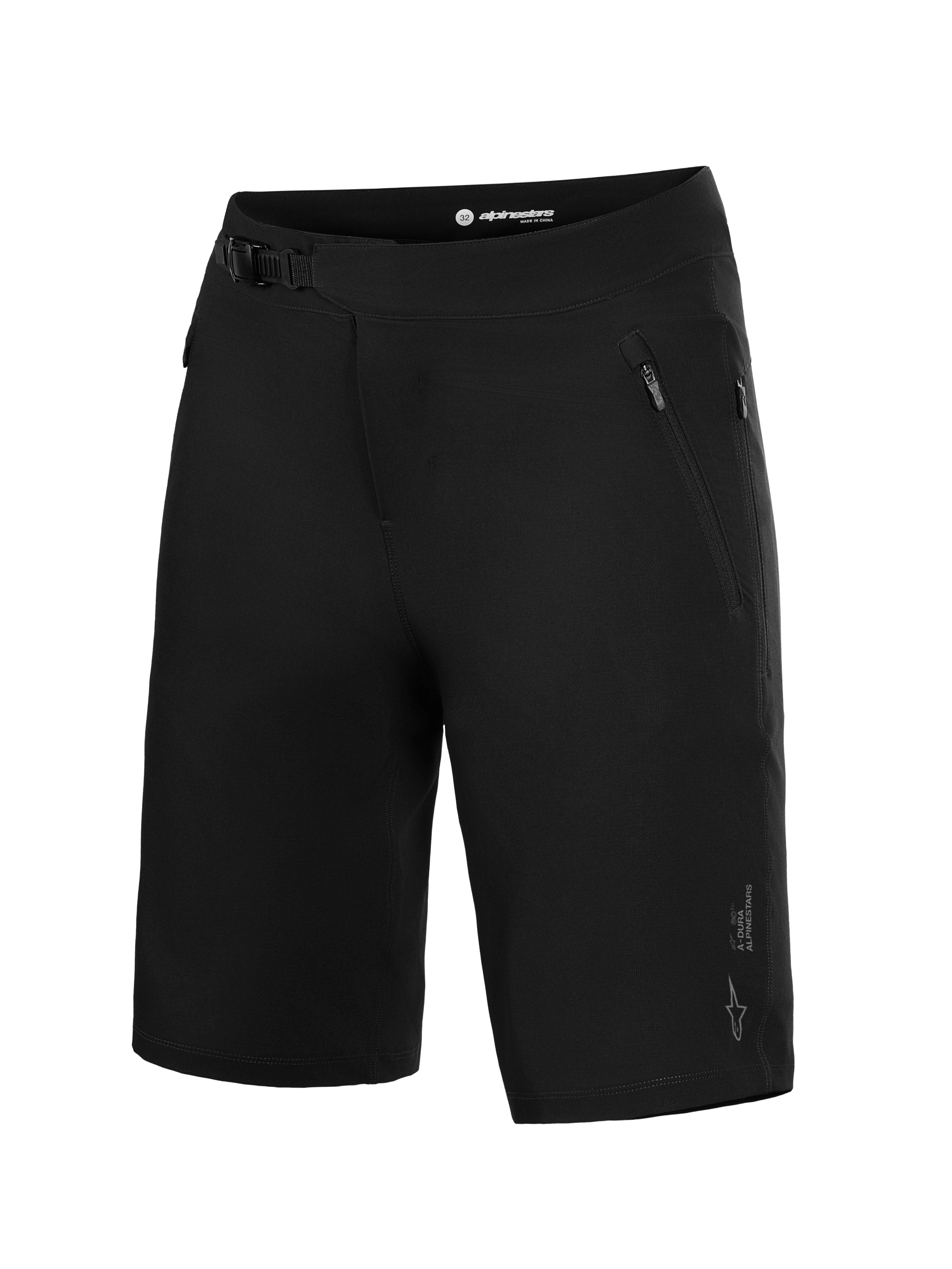 Black Alpinestars A-Dura Ride Shorts for MTB, featuring a ratchet closure and durable 4-way stretch woven fabric.
