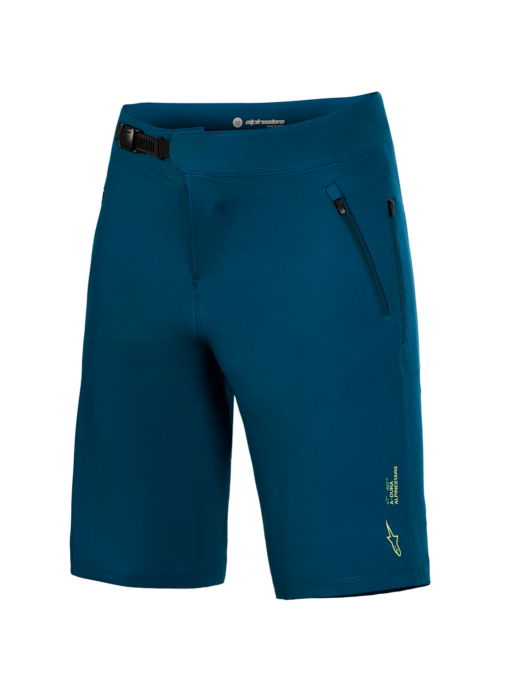 Blågröna A-Dura Ride MTB-shorts med ett främre spännsystem och en liten gul Alpinestars-logotyp på benet.