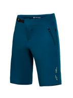 Blågröna A-Dura Ride MTB-shorts med ett främre spännsystem och en liten gul Alpinestars-logotyp på benet.