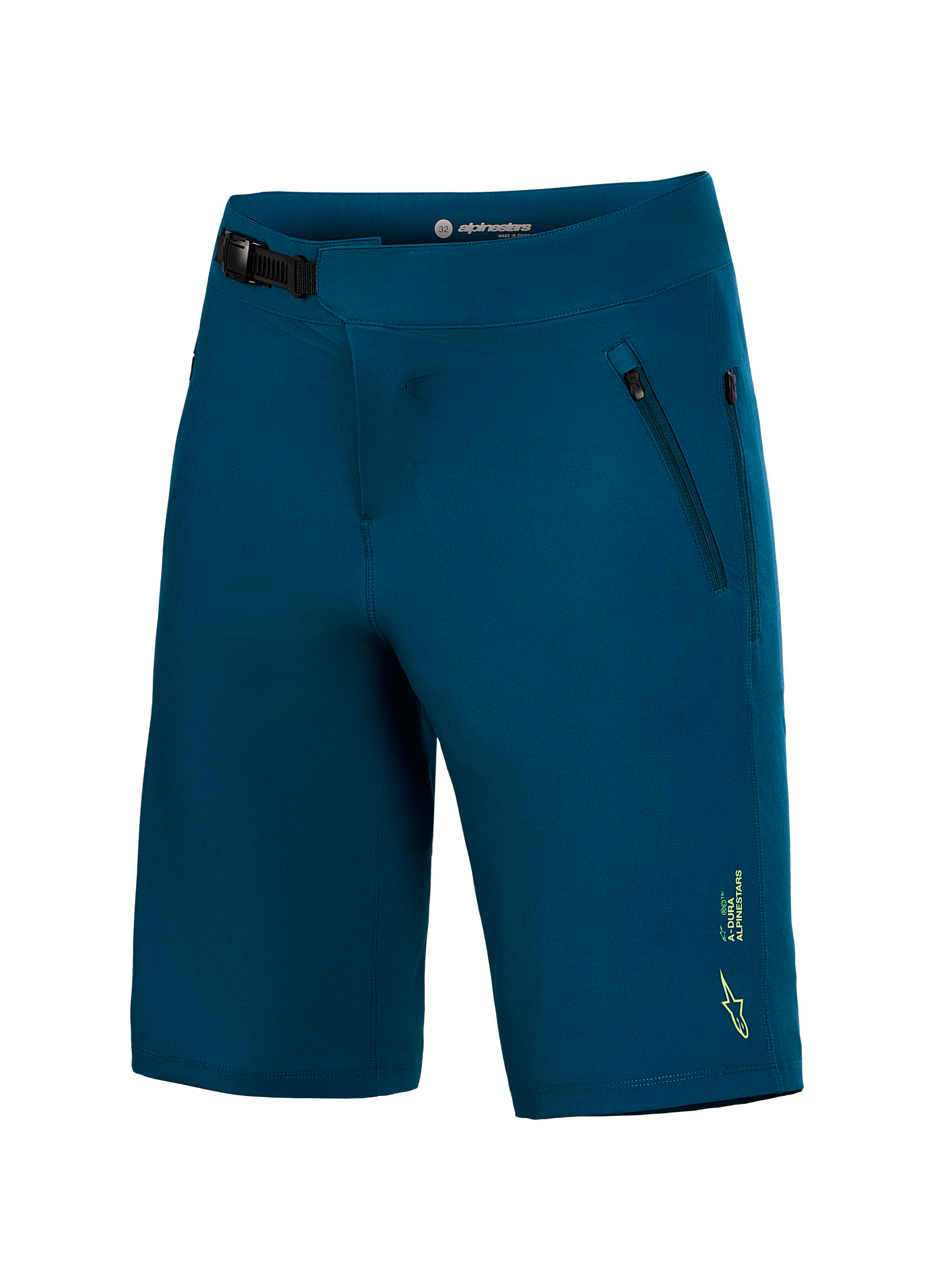 Blågröna A-Dura Ride MTB-shorts med ett främre spännsystem och en liten gul Alpinestars-logotyp på benet.