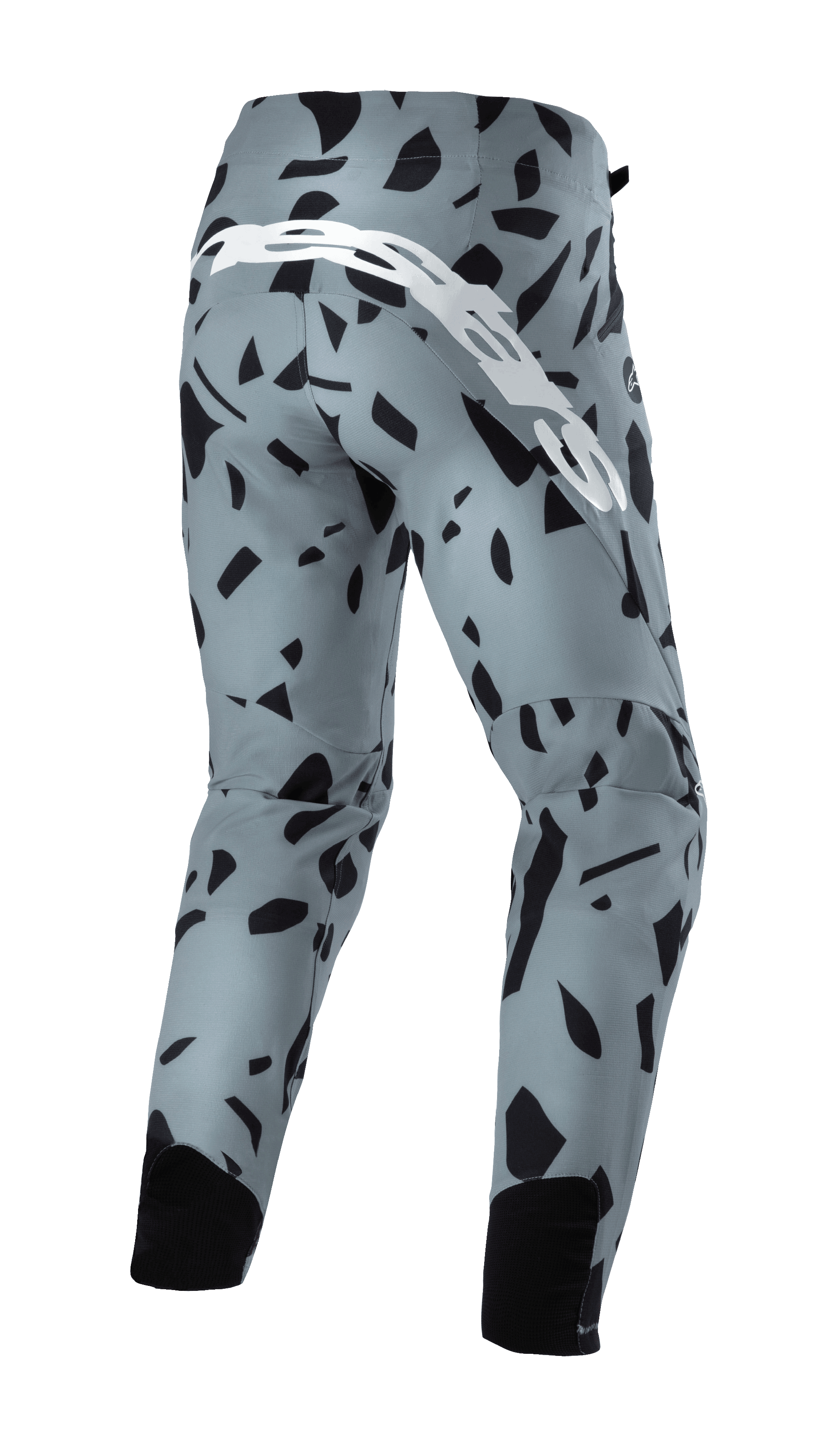Alpinestars Techstar Envision-byxor, mountainbike-byxor, askblå med svart abstrakt geometriskt mönster, bakifrån med stor vit logotyp i skrivstil och svarta meshpaneler vid vaderna, slitstark utrustning för terrängcykling