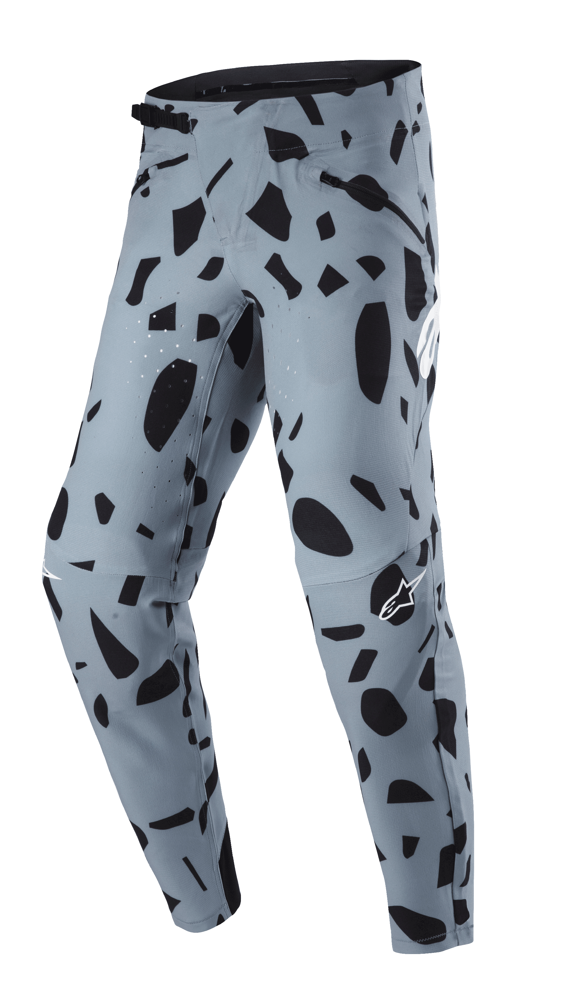 Alpinestars Techstar Envision byxor, MTB-byxor, askblå med svart abstrakt mönster, spännbandsmidja och fickor med dragkedja, laserperforerad ventilation för god andningsförmåga, designade för mountainbike-cykling