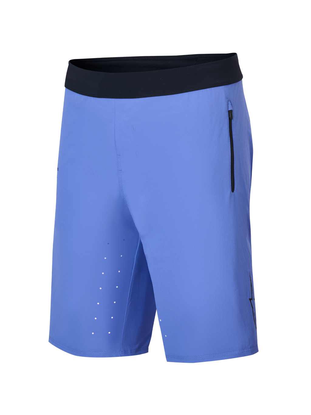 Alpinestars A-Aria Lite Shorts, mountainbikeshorts, Baja Blue, med ett svart ultramjukt midjeband, vertikal sidoficka med dragkedja, laserskurna ventilationshål på innerlåret och en lätt prestandapassform för stigcykling.