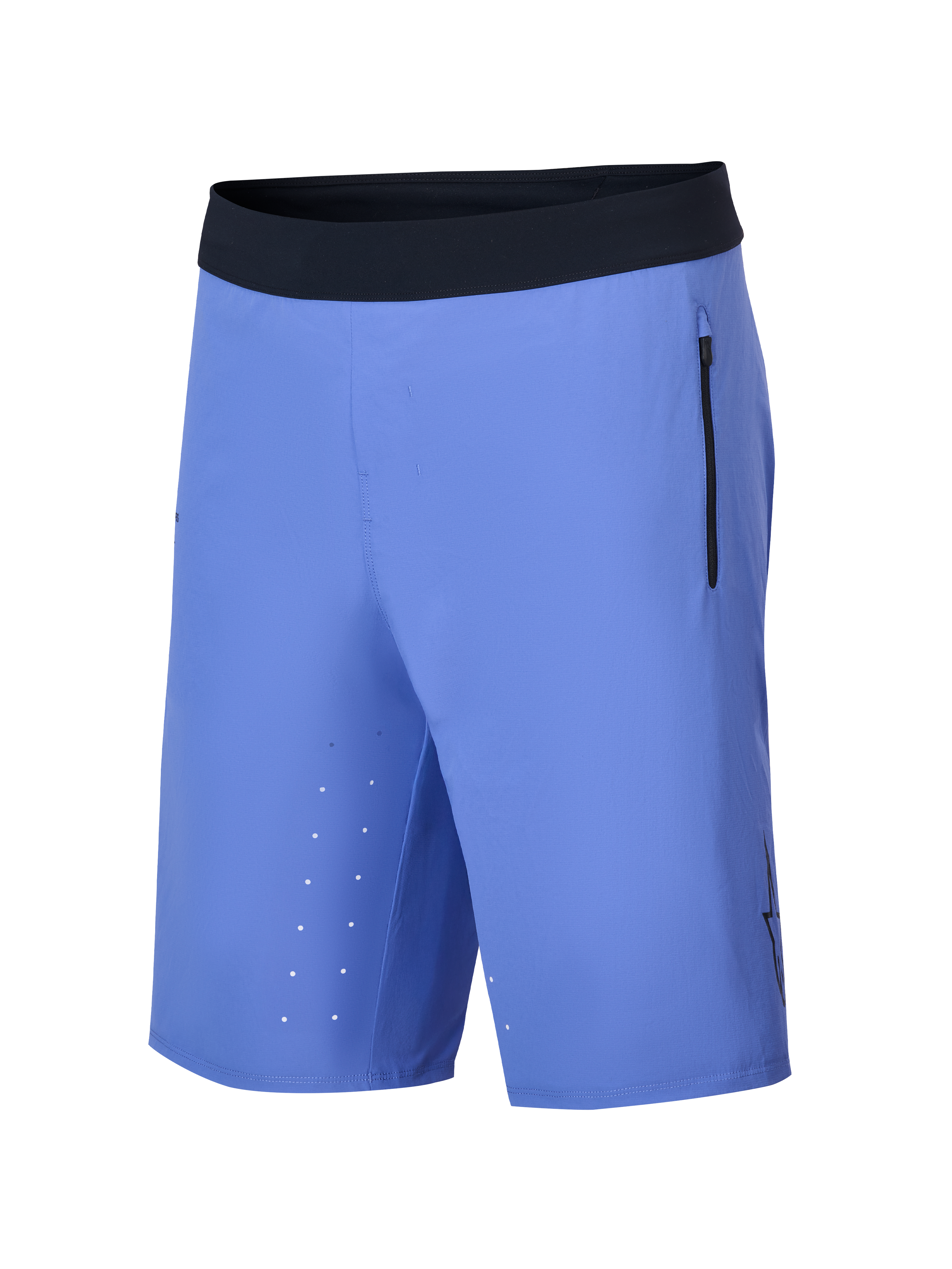 Alpinestars A-Aria Lite Shorts, mountainbikeshorts, Baja Blue, med ett svart ultramjukt midjeband, vertikal sidoficka med dragkedja, laserskurna ventilationshål på innerlåret och en lätt prestandapassform för stigcykling.