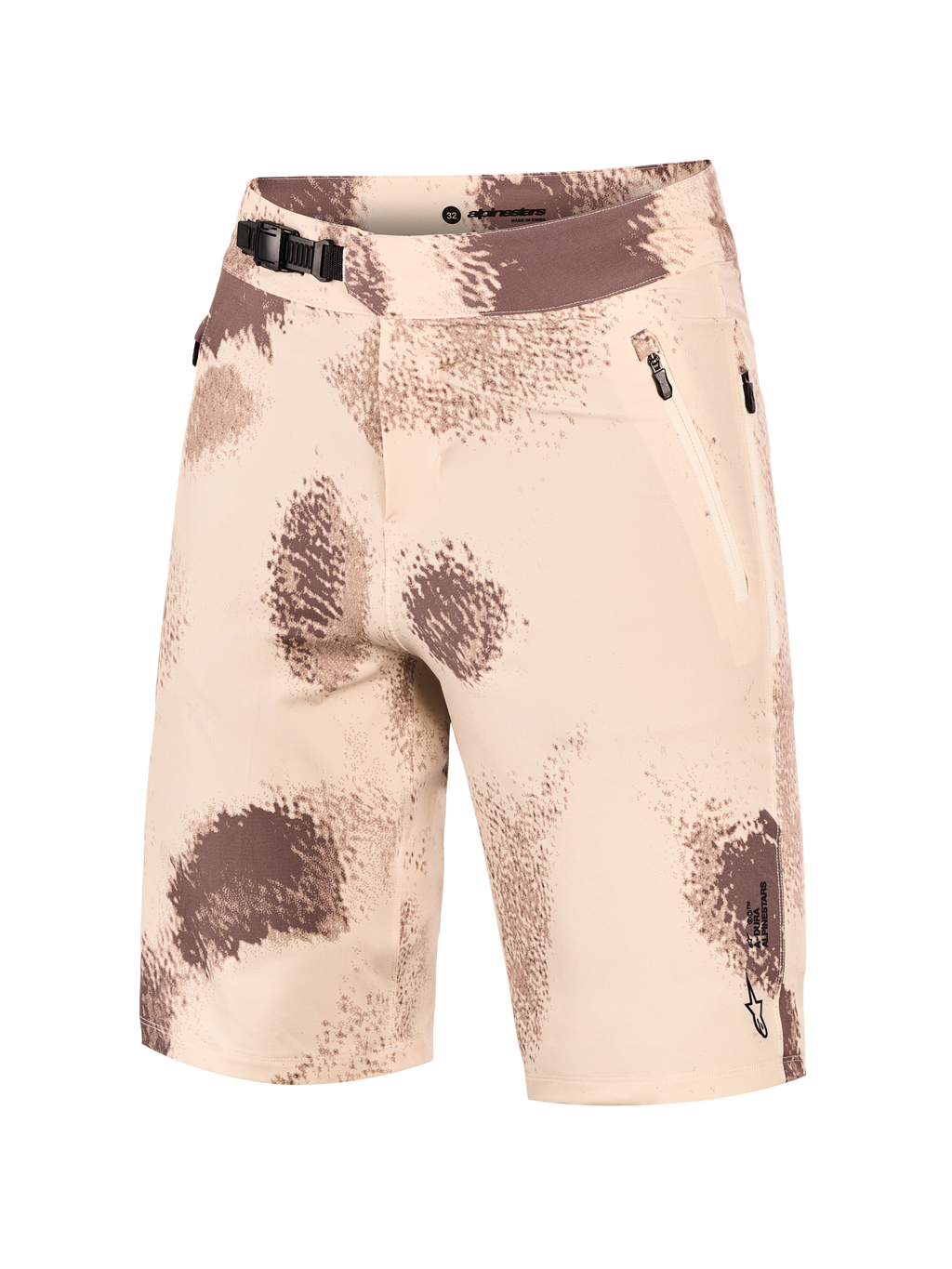 A-Dura Ride Shorts i sand camo med spärrspänne, dragkedjefickor och tåligt 4-vägs stretchtyg för MTB-cykling.
