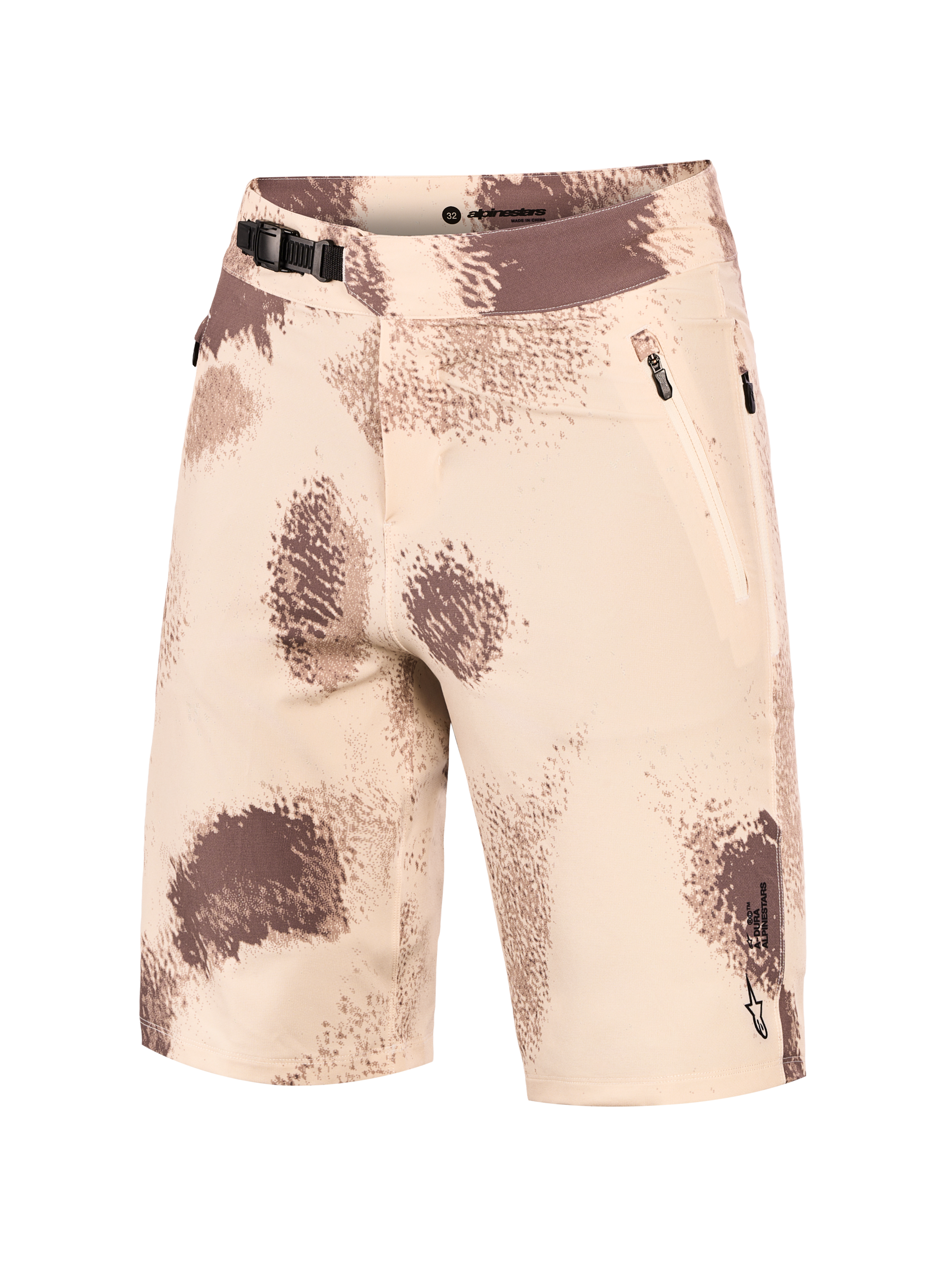 A-Dura Ride Shorts i sand camo med spärrspänne, dragkedjefickor och tåligt 4-vägs stretchtyg för MTB-cykling.