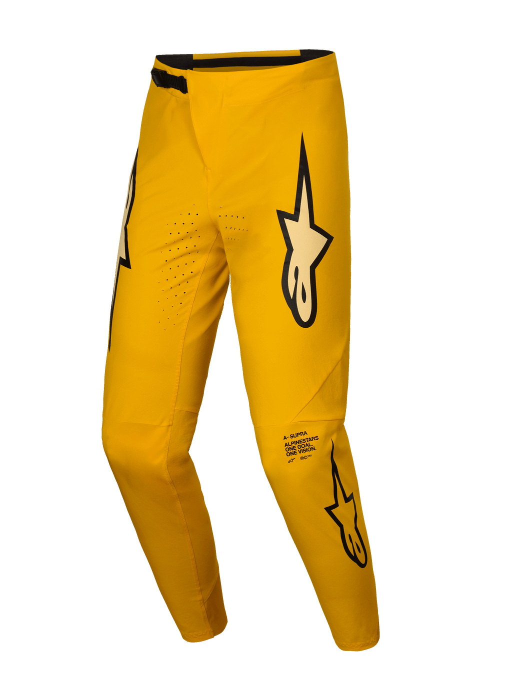 Alpinestars A-Supra Melt Gold byxor, gula MTB-cykelbyxor med laserperforeringar och signaturlogotyp, gult och svart