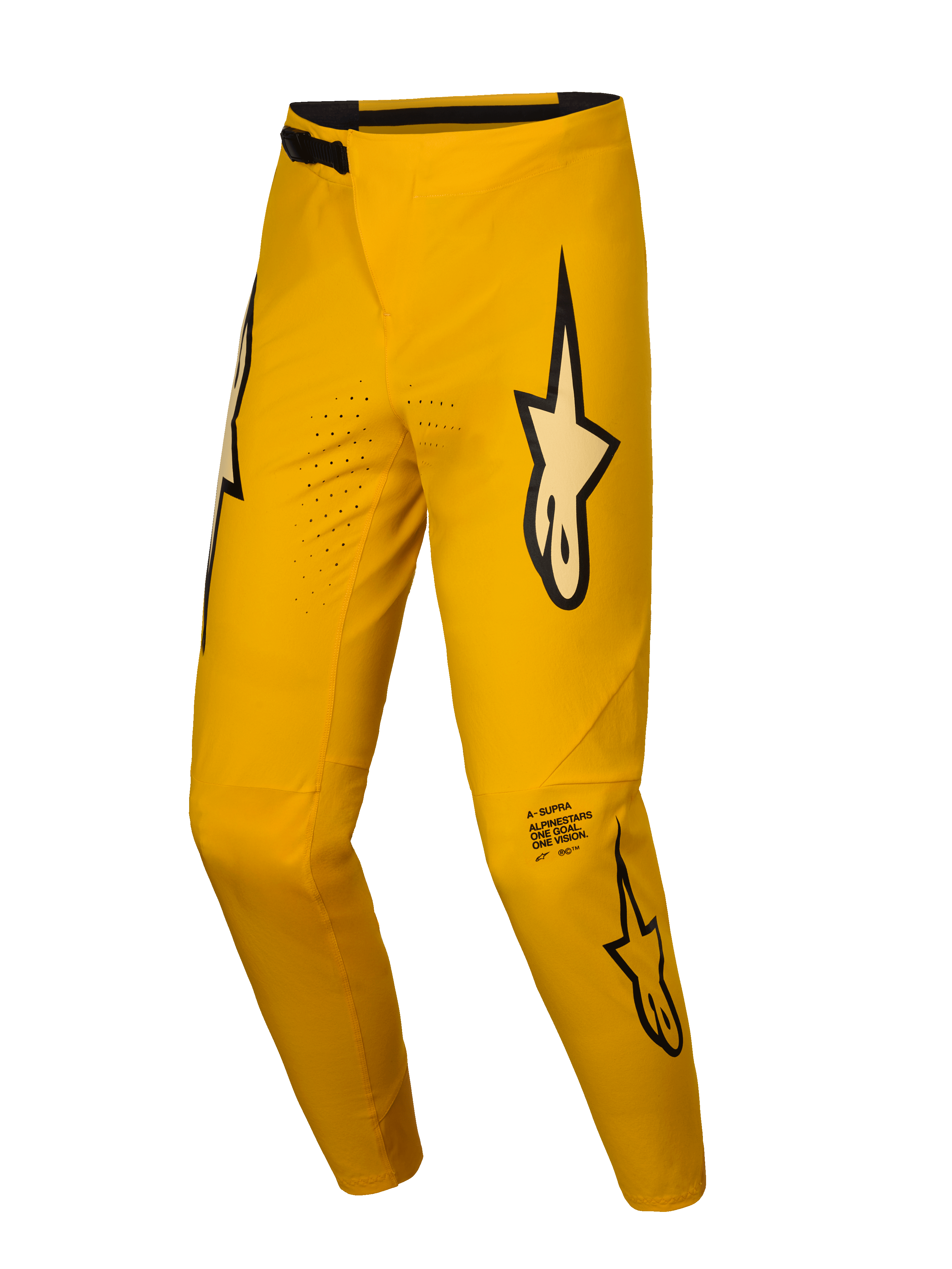 Alpinestars A-Supra Melt Gold byxor, gula MTB-cykelbyxor med laserperforeringar och signaturlogotyp, gult och svart