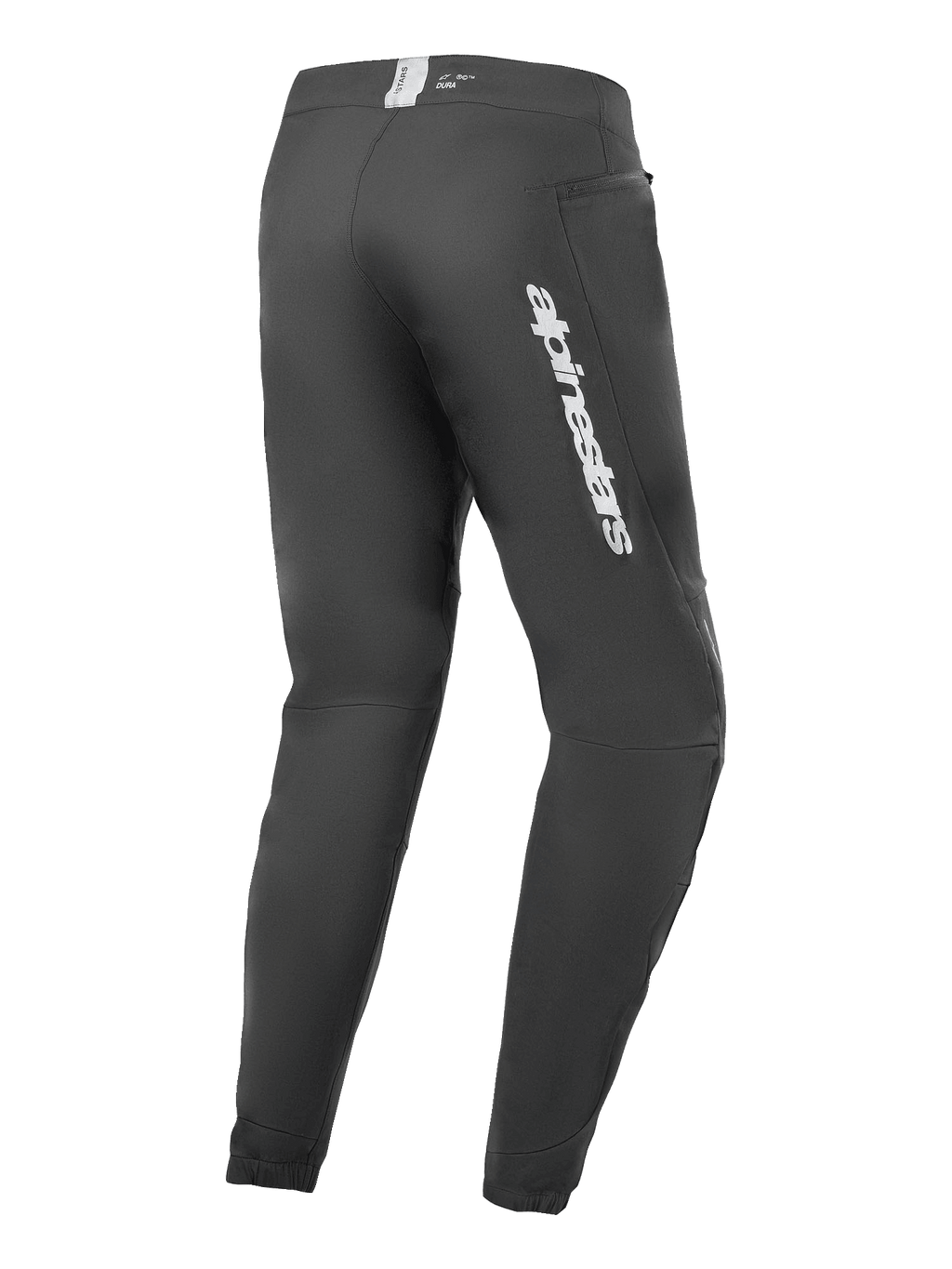 Alpinestars A-Dura Elite-byxor, mountainbikebyxor, svarta, vy snett bakifrån med Alpinestars-logotyp i silver på låret, ficka med dragkedja och elastiska muddar, slitstark teknisk utrustning för MTB