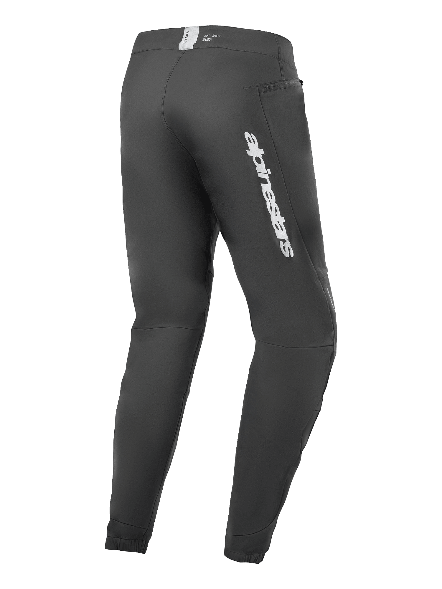 Alpinestars A-Dura Elite-byxor, mountainbikebyxor, svarta, vy snett bakifrån med Alpinestars-logotyp i silver på låret, ficka med dragkedja och elastiska muddar, slitstark teknisk utrustning för MTB