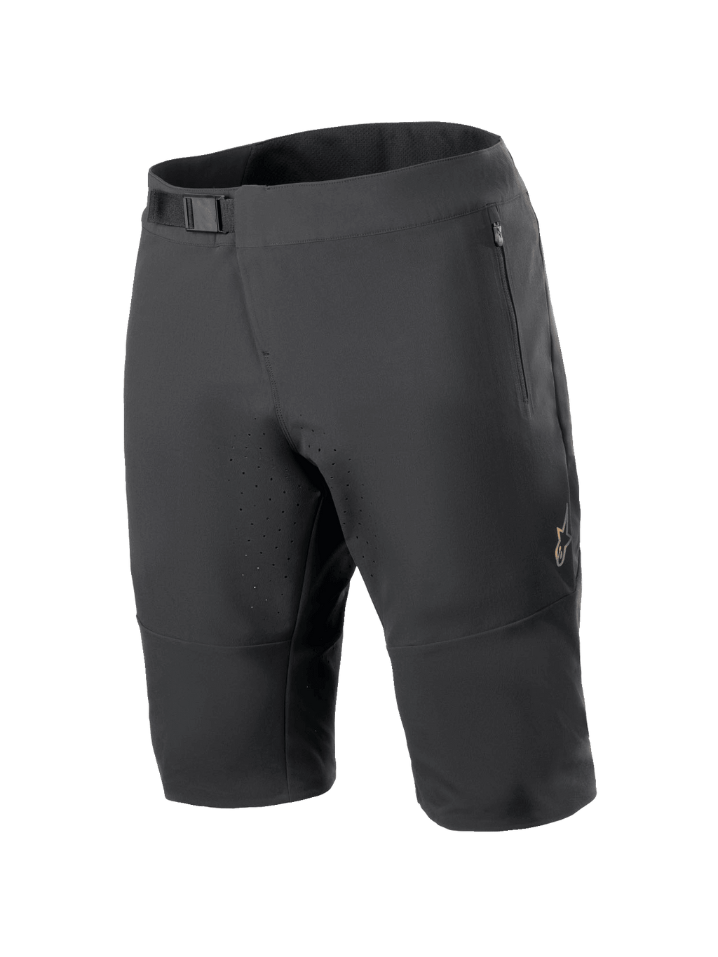 Alpinestars A-Aria Elite Shorts, Mountain Bike Shorts, Black, featuring a magnetic buckle waist closure, zippered pockets, laser-cut ventilation holes, and 4-way stretch fabric for off-road cycling