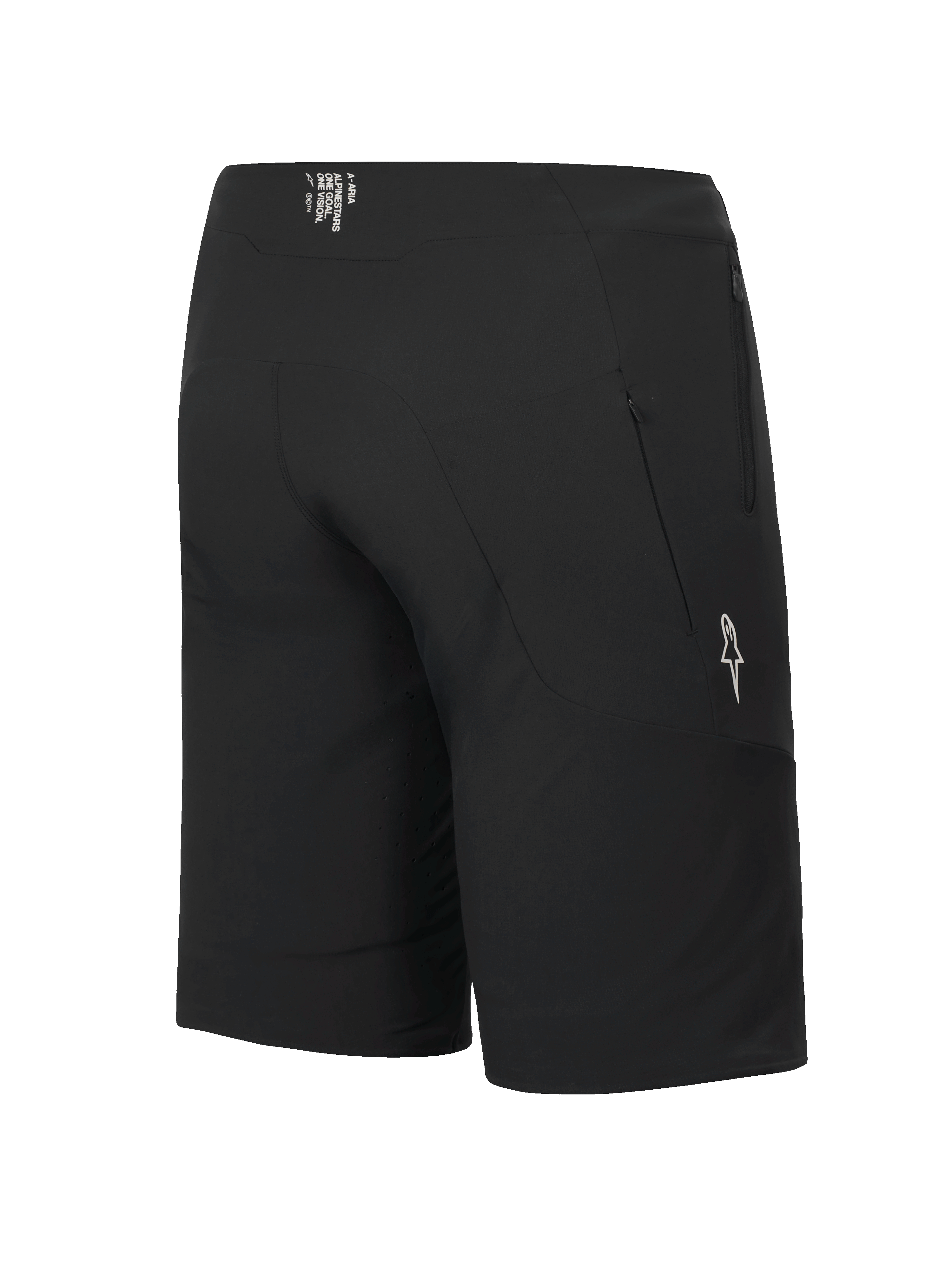 Alpinestars A-Aria Elite Shorts, MTB-shorts, Black Titanium, vy bakifrån/från sidan som visar ficka med dragkedja och vit stjärnlogotyp, prestandapassform för cykling