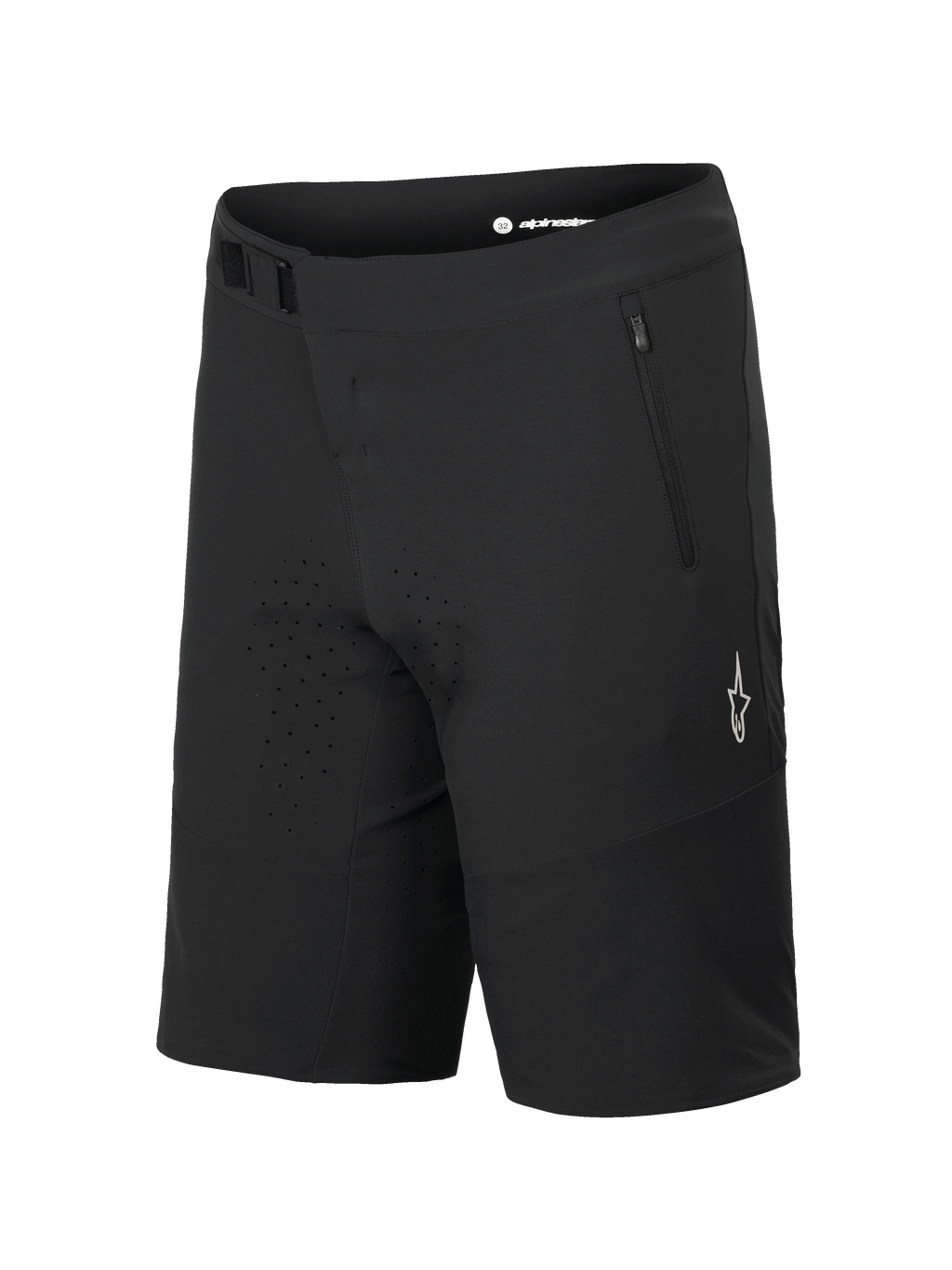 Alpinestars A-Aria Elite Shorts, mountainbikeshorts, Black Titanium, med magnetspänne och blixtlåsficka, laserskurna ventilationshål, vit A-star-logotyp på benet, tekniska kläder för stigcykling