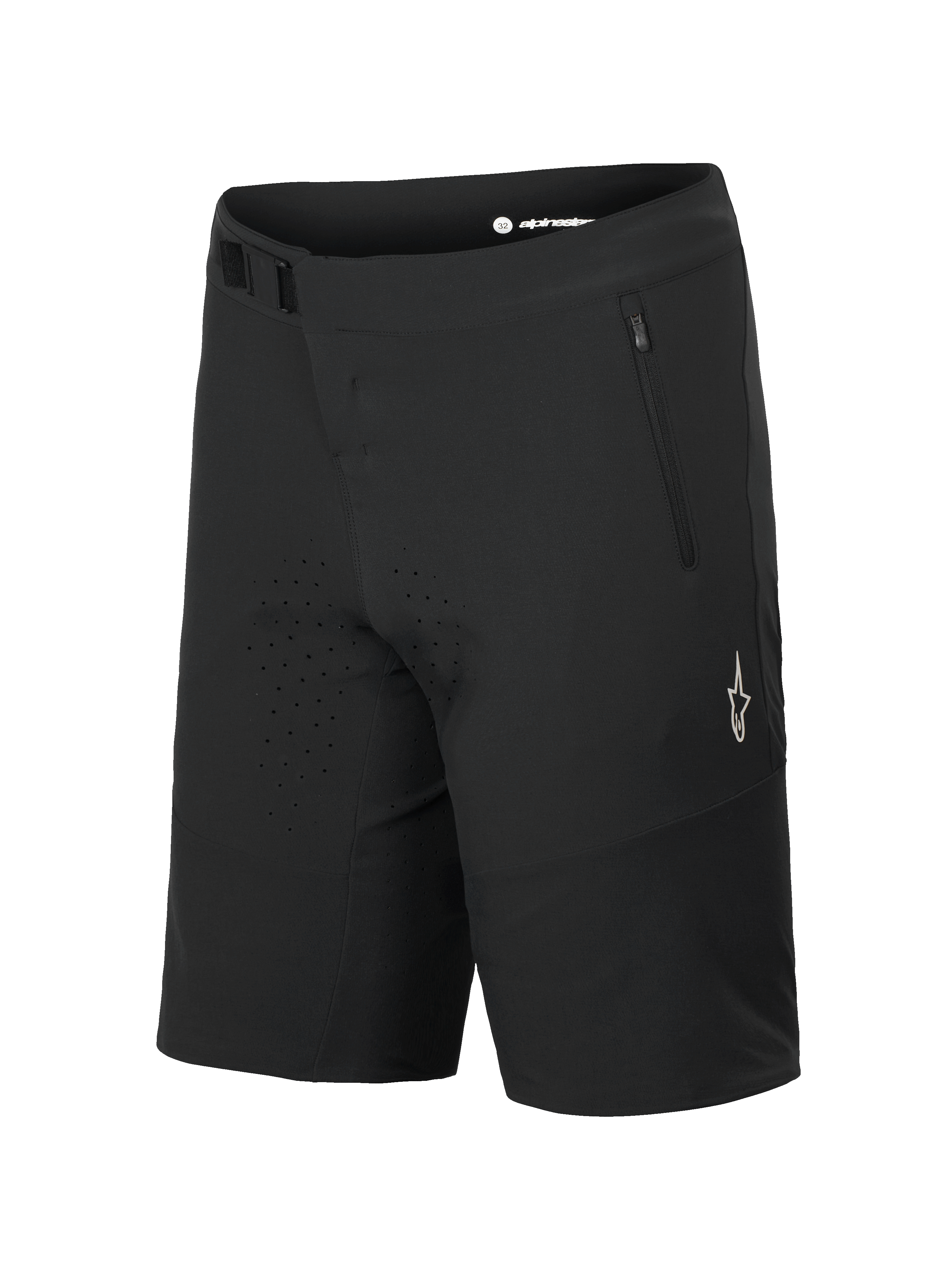 Alpinestars A-Aria Elite Shorts, mountainbikeshorts, Black Titanium, med magnetspänne och blixtlåsficka, laserskurna ventilationshål, vit A-star-logotyp på benet, tekniska kläder för stigcykling