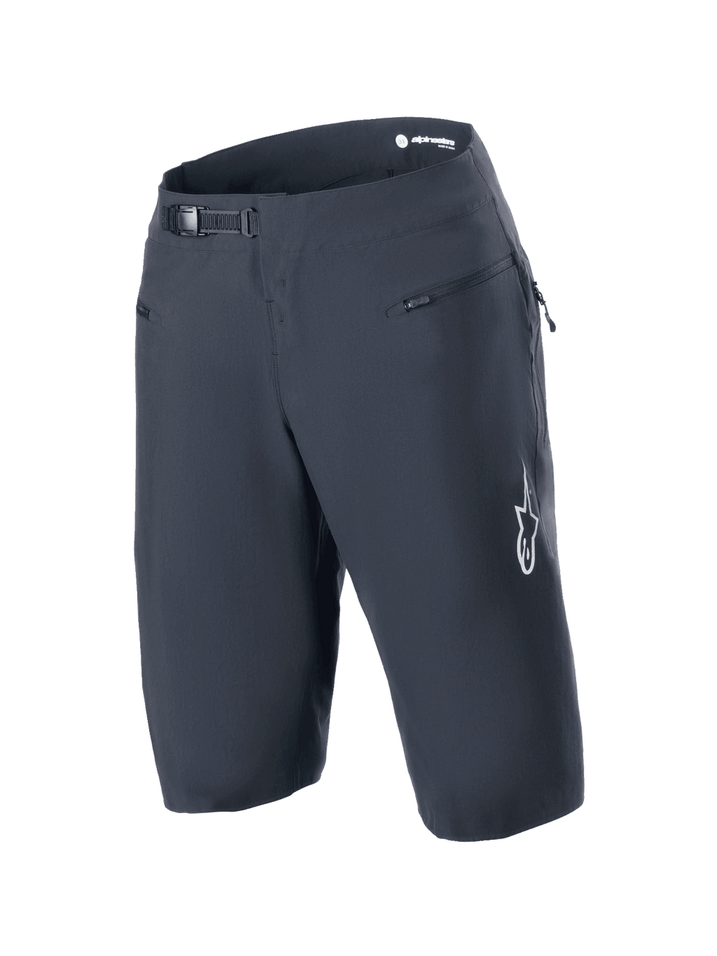 Alpinestars A-Aria Shorts, svarta mountainbikeshorts med spärrspänne i midjan och framfickor med dragkedja, vit Astars-logotyp på benet, tekniska cykelkläder