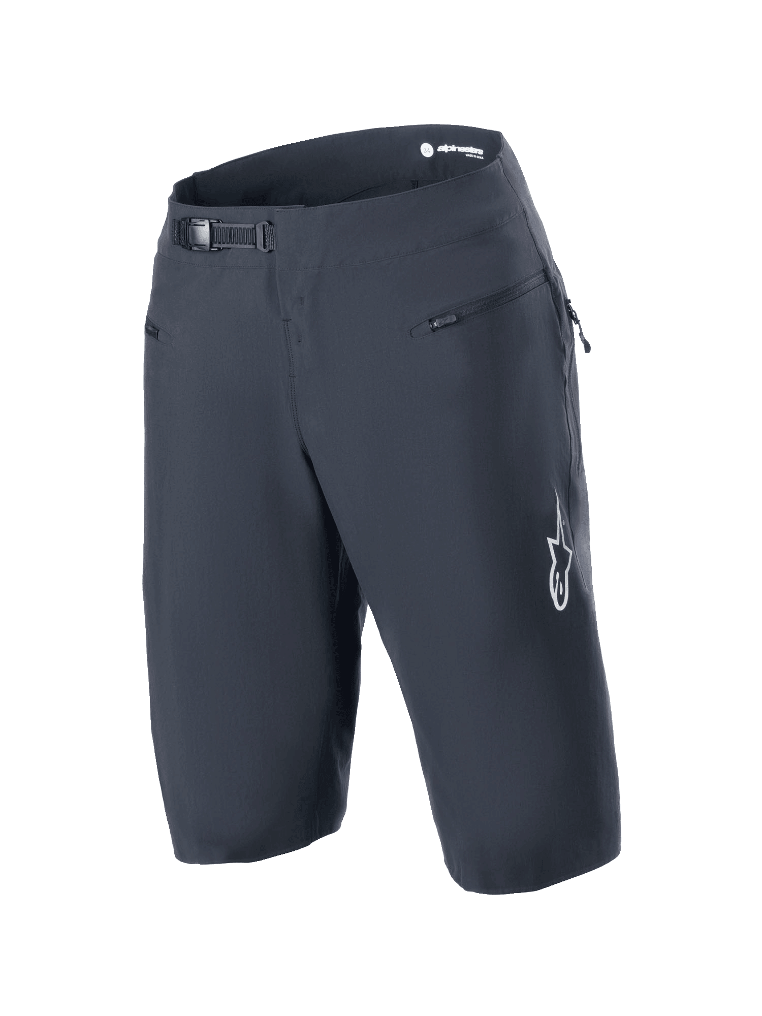 Alpinestars A-Aria Shorts, svarta mountainbikeshorts med spärrspänne i midjan och framfickor med dragkedja, vit Astars-logotyp på benet, tekniska cykelkläder