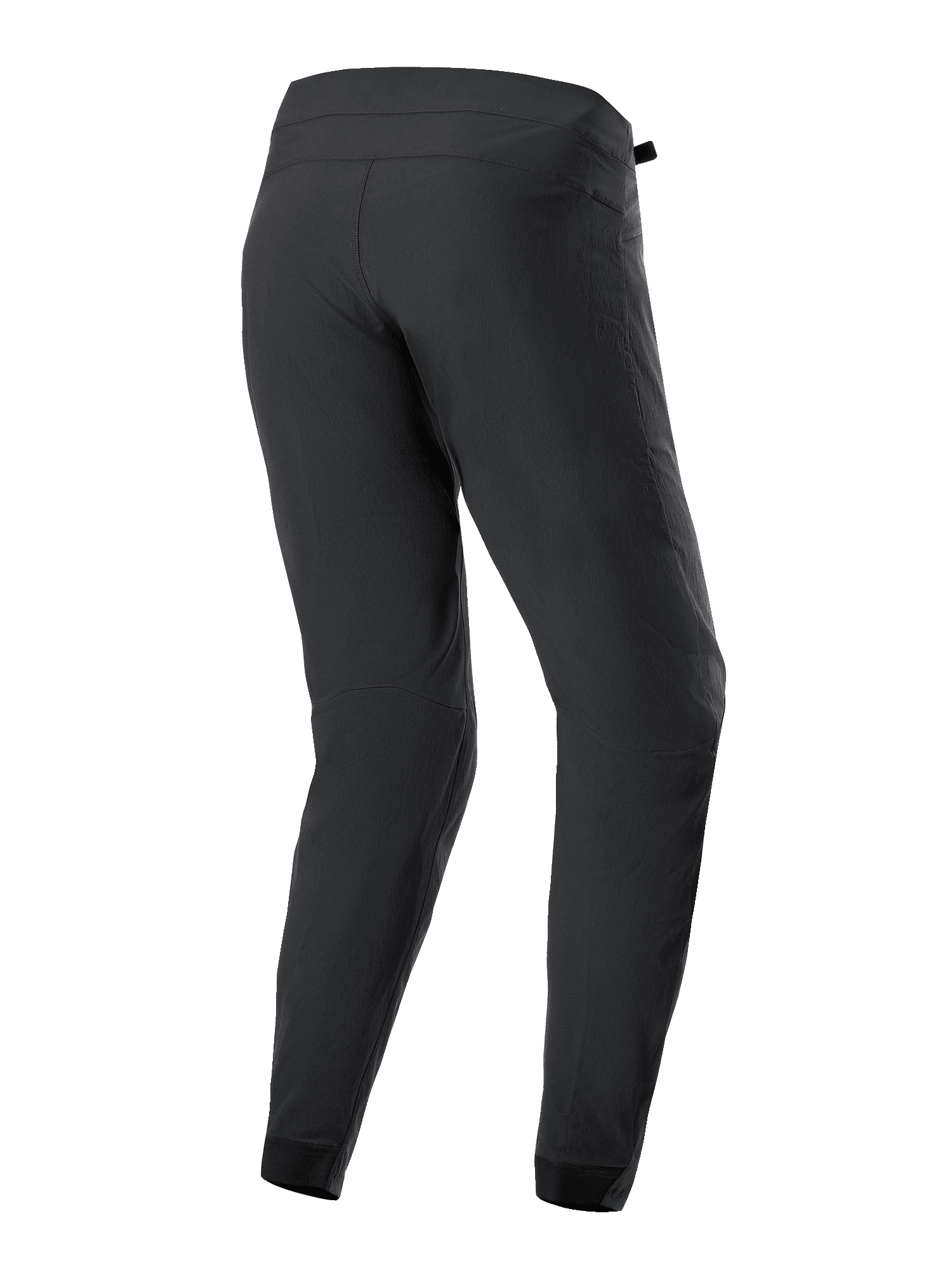 Alpinestars A-Dura Pants, svarta cykelbyxor, sett bakifrån, med avsmalnande ben och elastiska muddar, slitstarkt 2-vägsstretchtyg för mountainbike