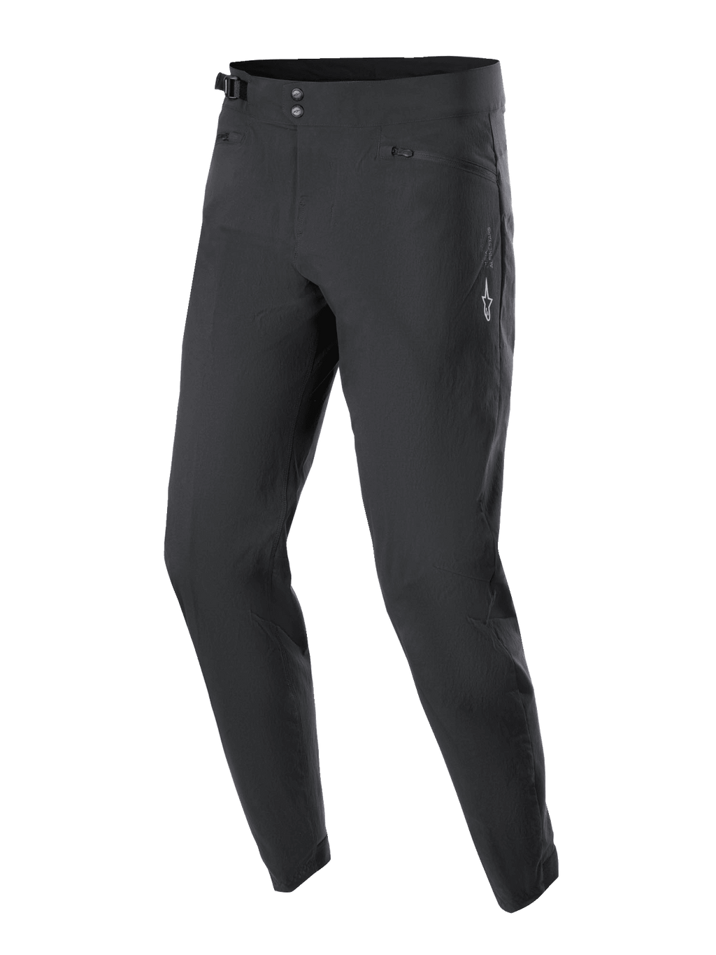 Alpinestars A-Dura byxor, MTB-byxor, svarta, dubbel tryckknappsstängning i midjan, sidojusteringar, blixtlåsförsedda meshfodrade fickor, vit Astars-logotyp på låret, hållbar design för terrängkörning