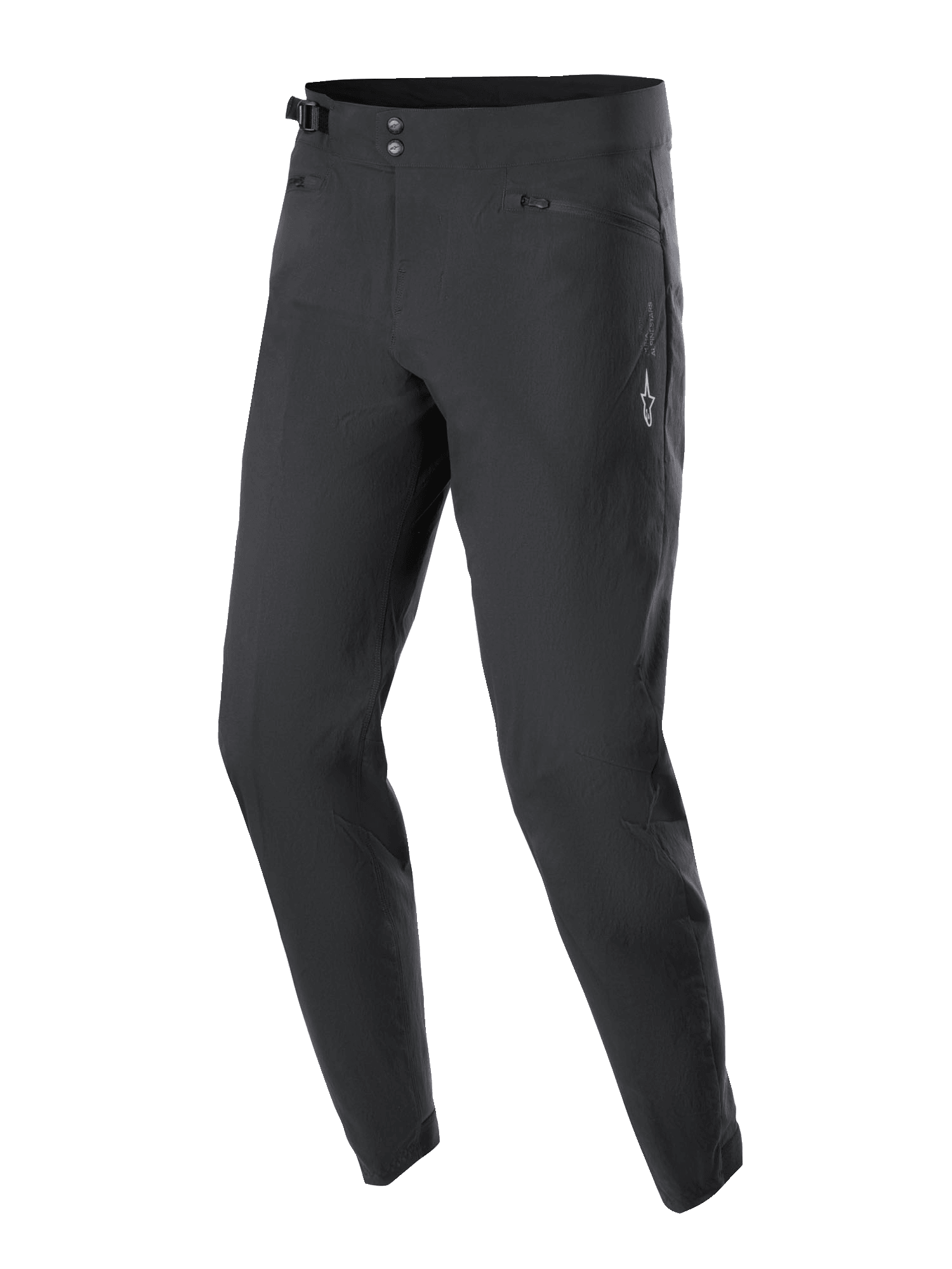 Alpinestars A-Dura byxor, MTB-byxor, svarta, dubbel tryckknappsstängning i midjan, sidojusteringar, blixtlåsförsedda meshfodrade fickor, vit Astars-logotyp på låret, hållbar design för terrängkörning