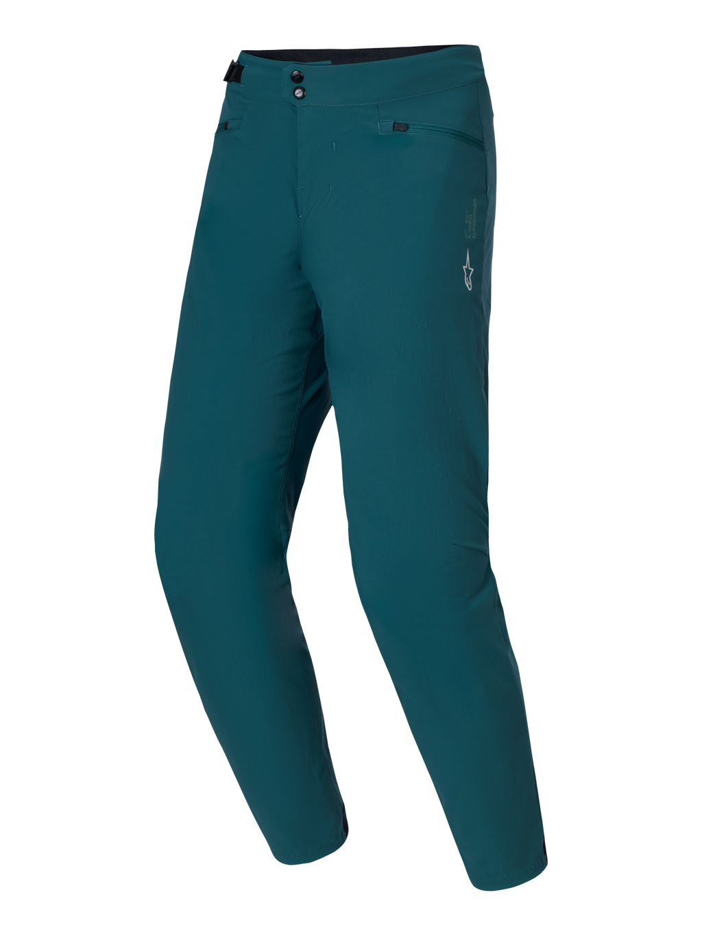 Alpinestars A-Dura byxor, mountainbikebyxor, mörkgröna (Dark Pine), med dubbel tryckknappsstängning och sidoreglering i midjan, vit stjärnlogotyp på vänster lår, slitstarkt 2-vägsstretchmaterial för MTB-trailcykling