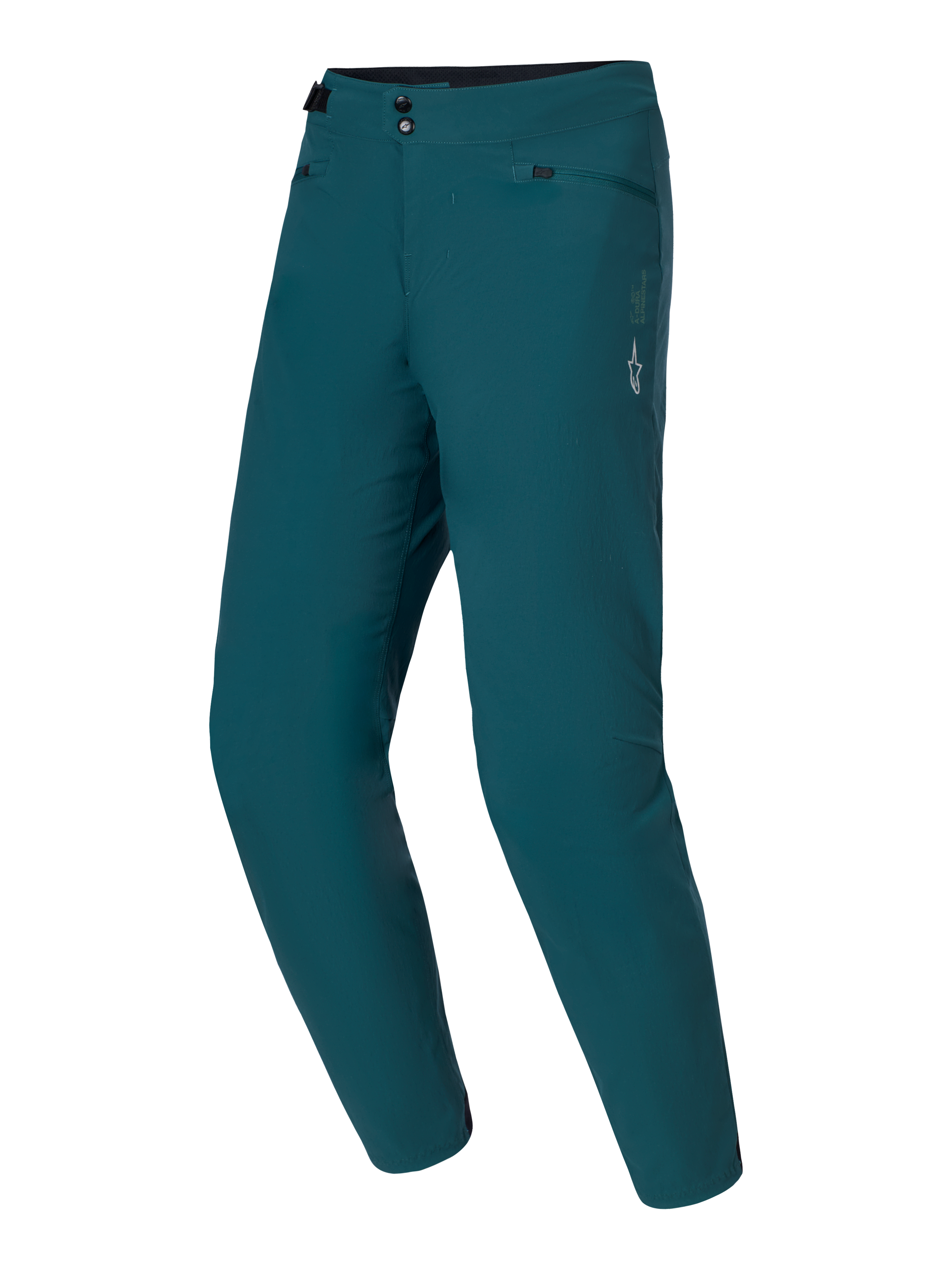 Alpinestars A-Dura byxor, mountainbikebyxor, mörkgröna (Dark Pine), med dubbel tryckknappsstängning och sidoreglering i midjan, vit stjärnlogotyp på vänster lår, slitstarkt 2-vägsstretchmaterial för MTB-trailcykling