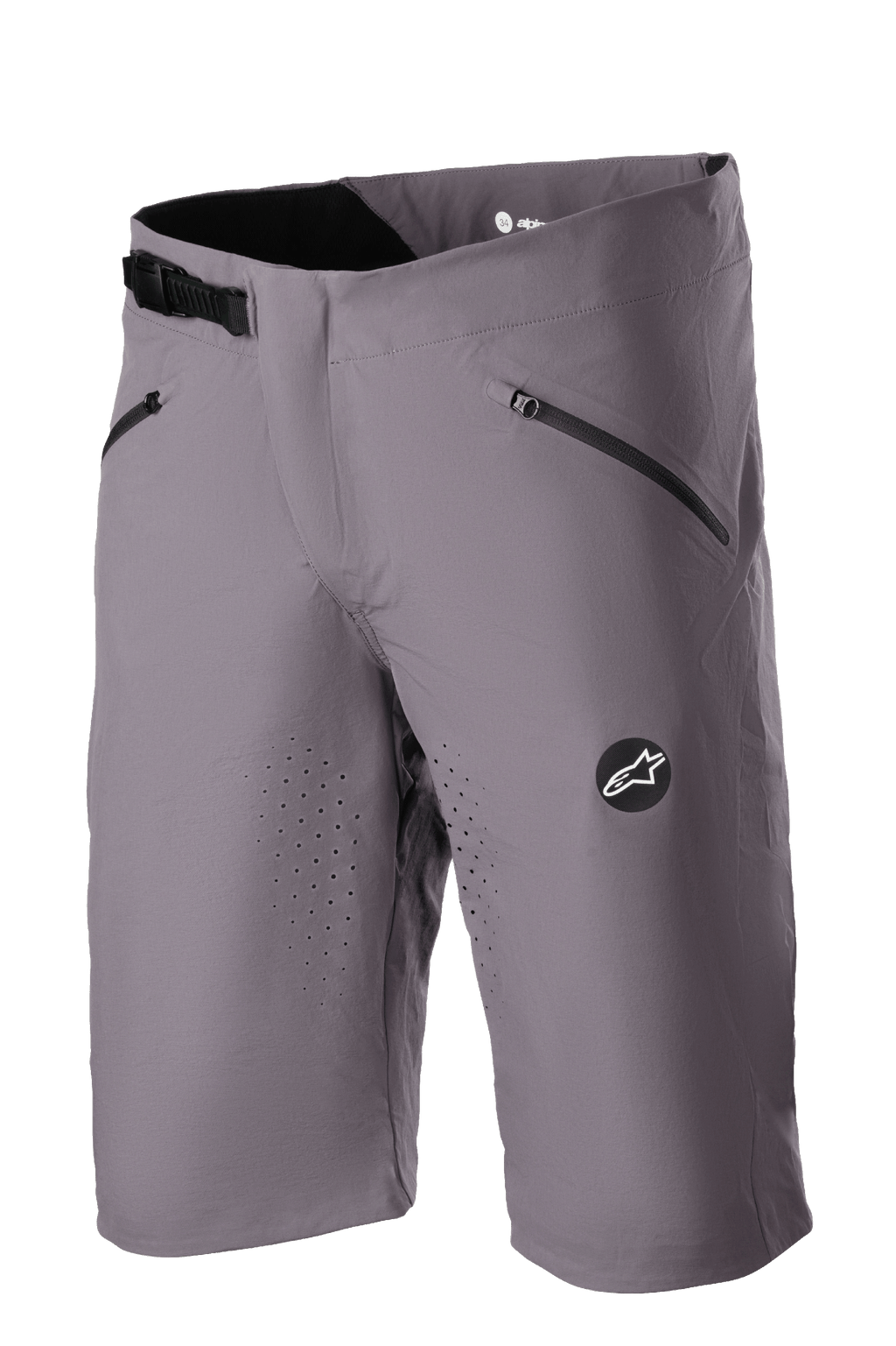 Alpinestars Drop Algorithm Shorts, MTB-cykelshorts, Sparrow Gray, laserperforerad ventilation på låren, två svarta fickor med dragkedja, justerbart spärrspänne i midjan, Alpinestars stjärnlogotyp-patch, lätt tekniskt stretchmaterial