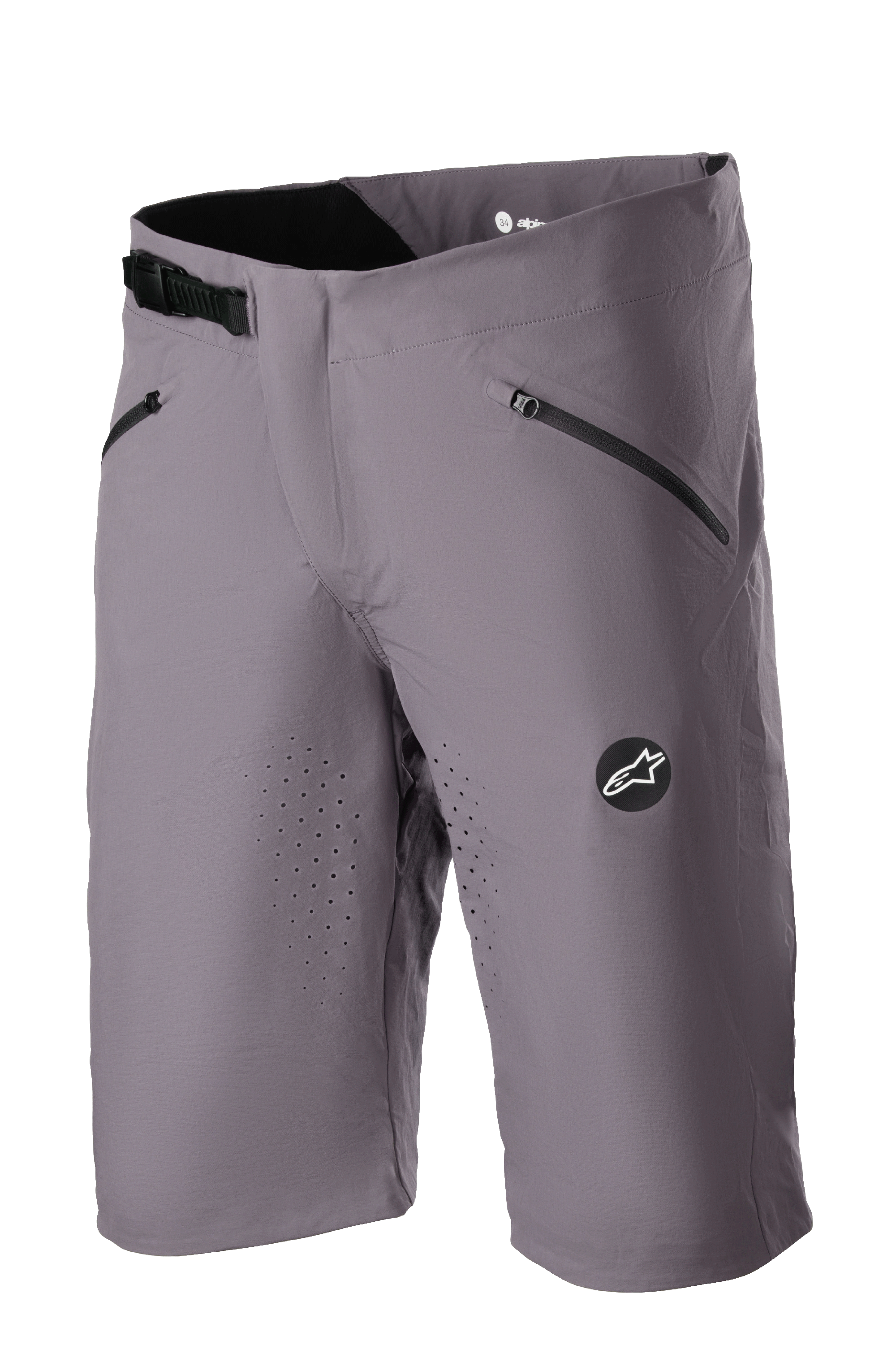Alpinestars Drop Algorithm Shorts, MTB-cykelshorts, Sparrow Gray, laserperforerad ventilation på låren, två svarta fickor med dragkedja, justerbart spärrspänne i midjan, Alpinestars stjärnlogotyp-patch, lätt tekniskt stretchmaterial