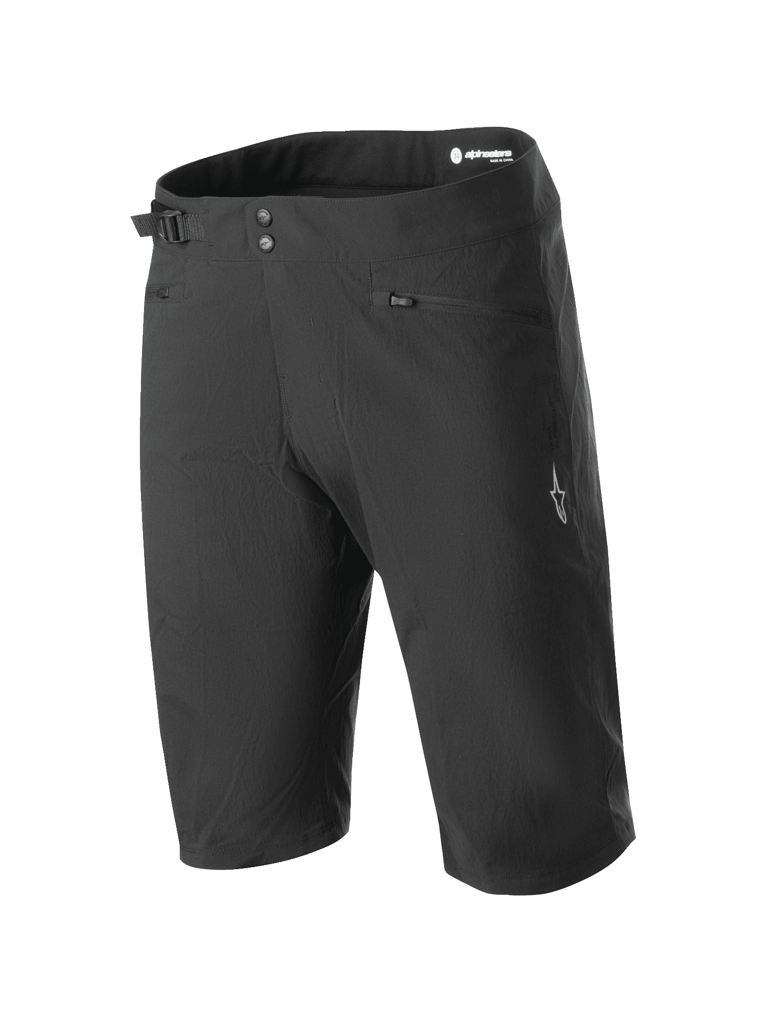Alpinestars A-Dura Shorts, Mountain Bike Shorts, Black, featuring double snap closure, side waist cinch adjuster, zippered pockets, and white logo on the leg, durable 2-way stretch fabric for off-road cycling