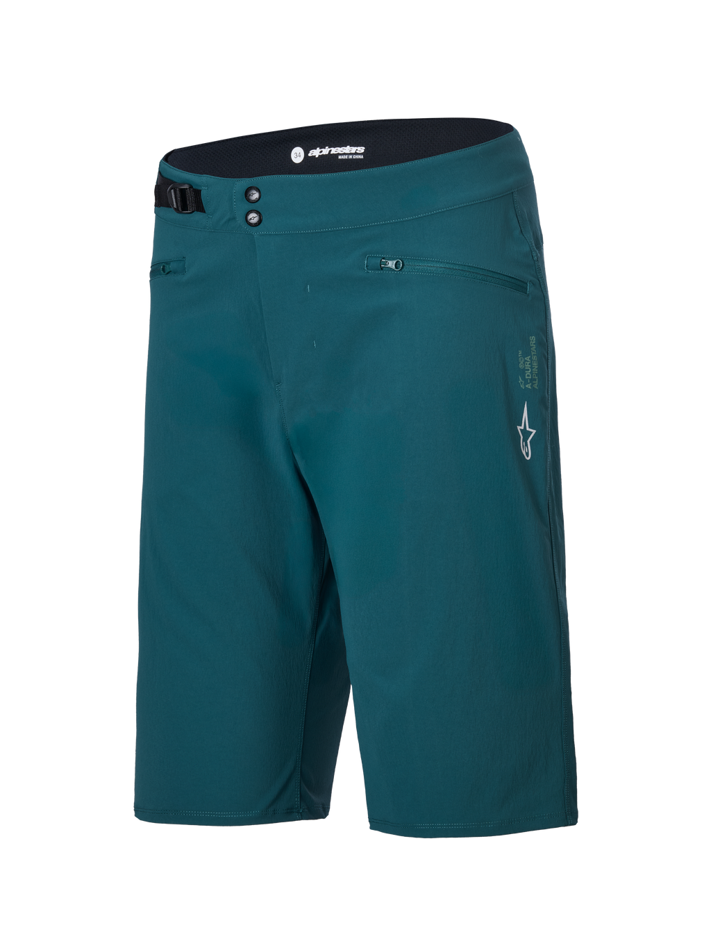 Alpinestars A-Dura shorts, mountainbikeshorts, mörkgröna (Dark Pine), med dragkedjeförsedda fickor, dubbel tryckknappsstängning fram, justerbar sidjustering i midjan och vit Alpinestars-logotyp på vänster ben, slitstark design för MTB-cykling