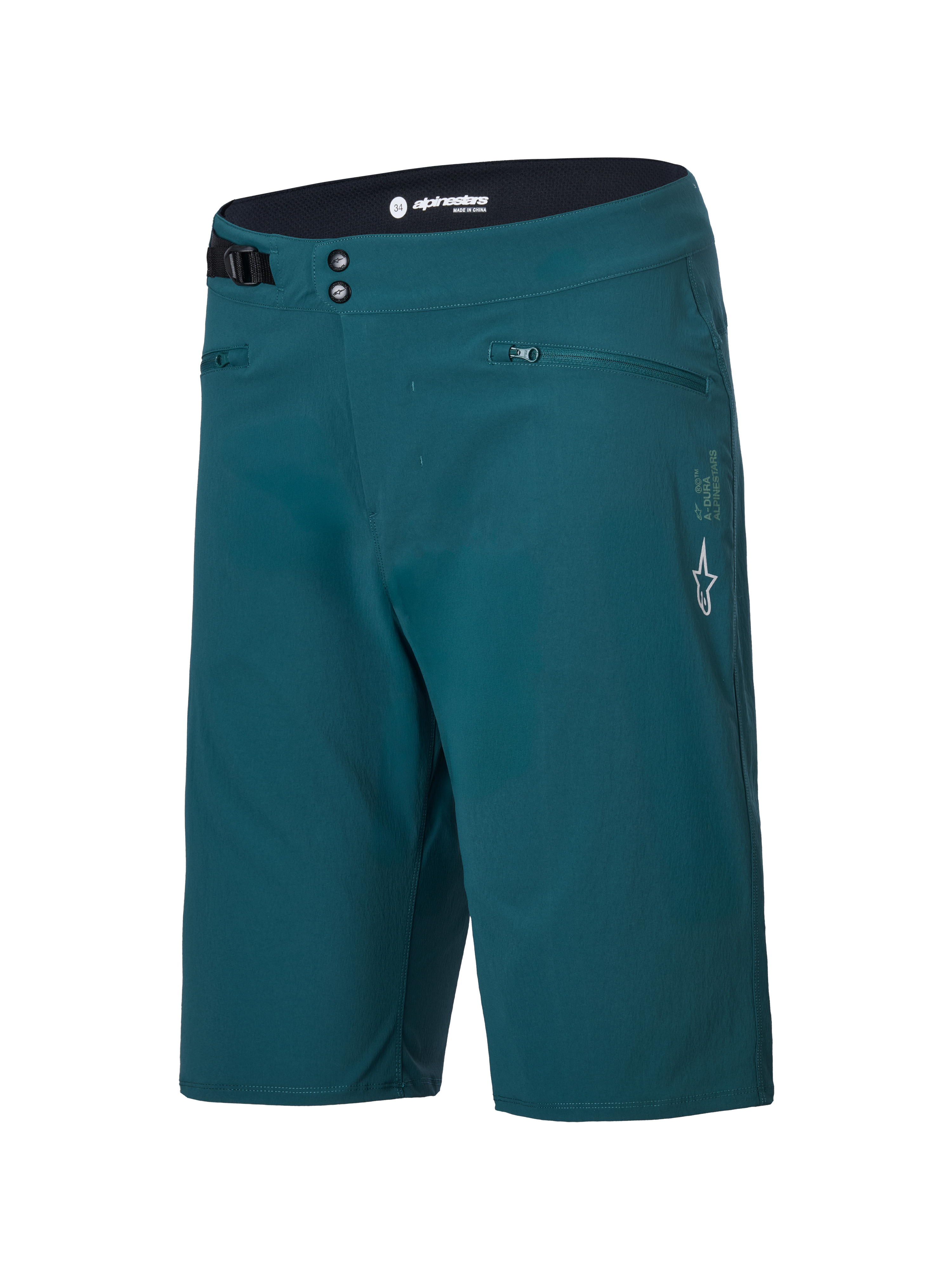 Alpinestars A-Dura shorts, mountainbikeshorts, mörkgröna (Dark Pine), med dragkedjeförsedda fickor, dubbel tryckknappsstängning fram, justerbar sidjustering i midjan och vit Alpinestars-logotyp på vänster ben, slitstark design för MTB-cykling