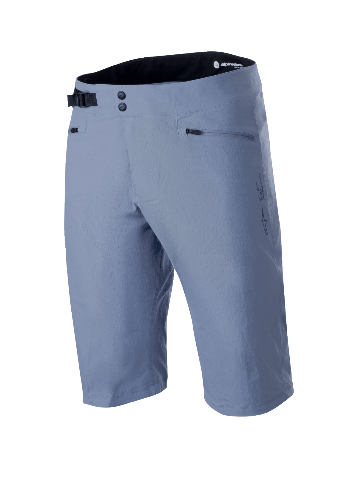 Alpinestars A-Dura Shorts, mountainbike-shorts i Infinity Blue, med dubbel knäppning fram, justerbart svart sidospänne, dragkedjeförsedda fickor och texturerat 2-vägs stretchtyg, tekniska MTB-kläder