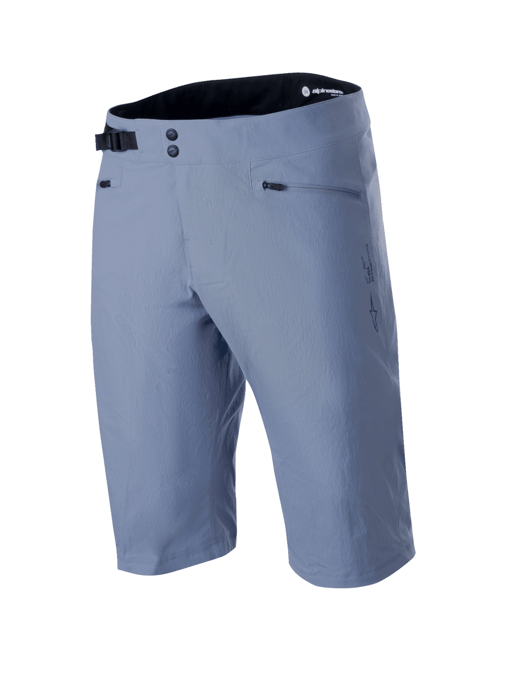Alpinestars A-Dura Shorts, mountainbike-shorts i Infinity Blue, med dubbel knäppning fram, justerbart svart sidospänne, dragkedjeförsedda fickor och texturerat 2-vägs stretchtyg, tekniska MTB-kläder