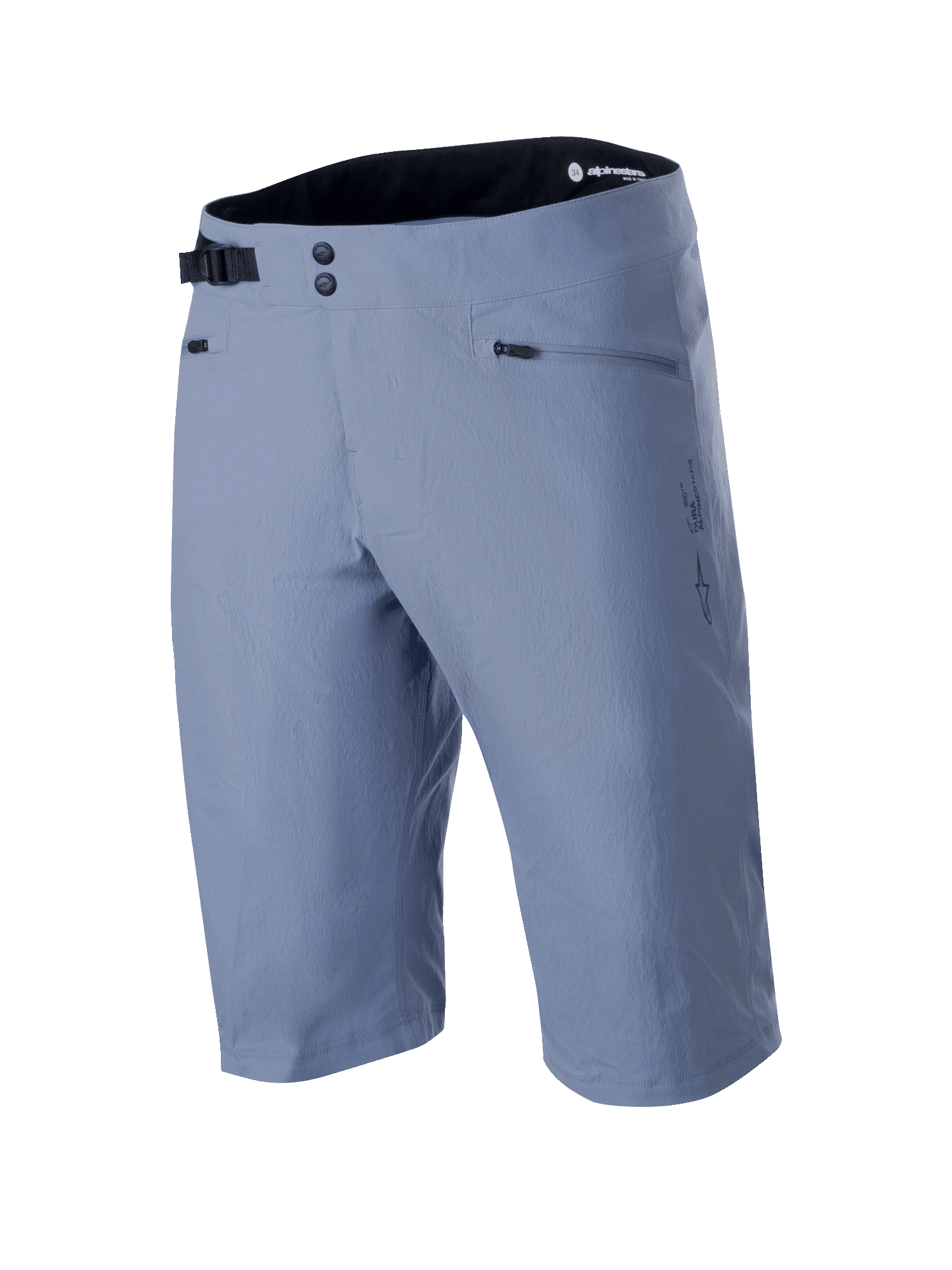 Alpinestars A-Dura Shorts, mountainbike-shorts i Infinity Blue, med dubbel knäppning fram, justerbart svart sidospänne, dragkedjeförsedda fickor och texturerat 2-vägs stretchtyg, tekniska MTB-kläder